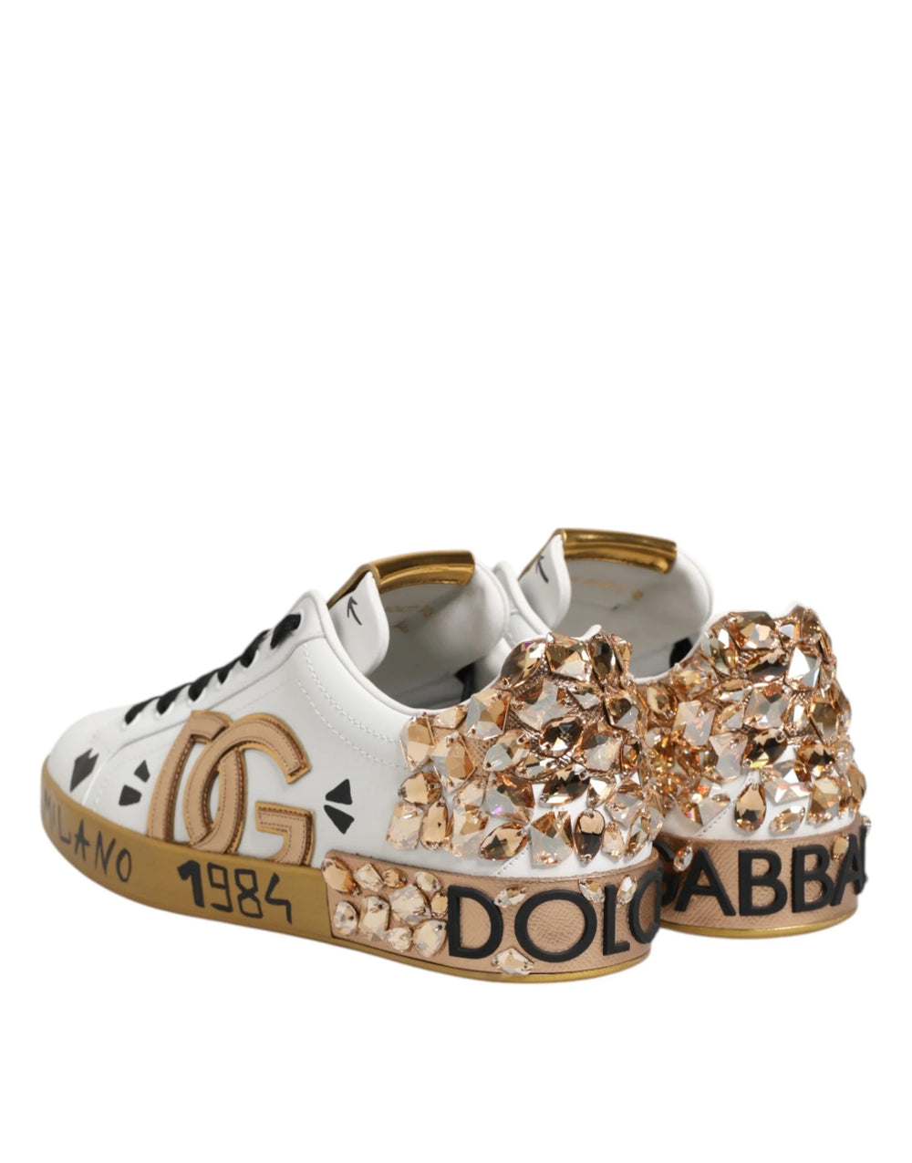 Dolce & Gabbana White Gold Crystal Portofino Sneakers Shoes - Sneakers