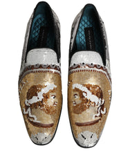 Dolce & Gabbana White Gold Sequined Slip On Loafers Shoes - EU43/US10