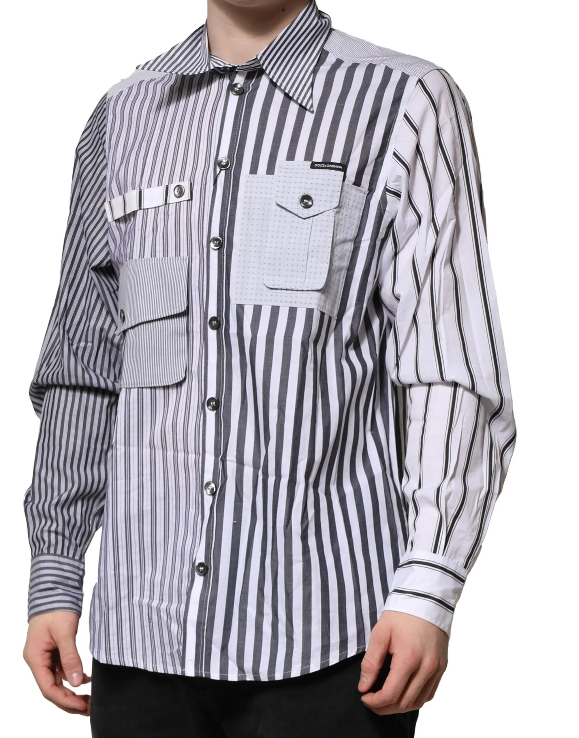 Dolce & Gabbana White Gray Striped Cotton Men Casual Shirt - IT40 | M - Shirts
