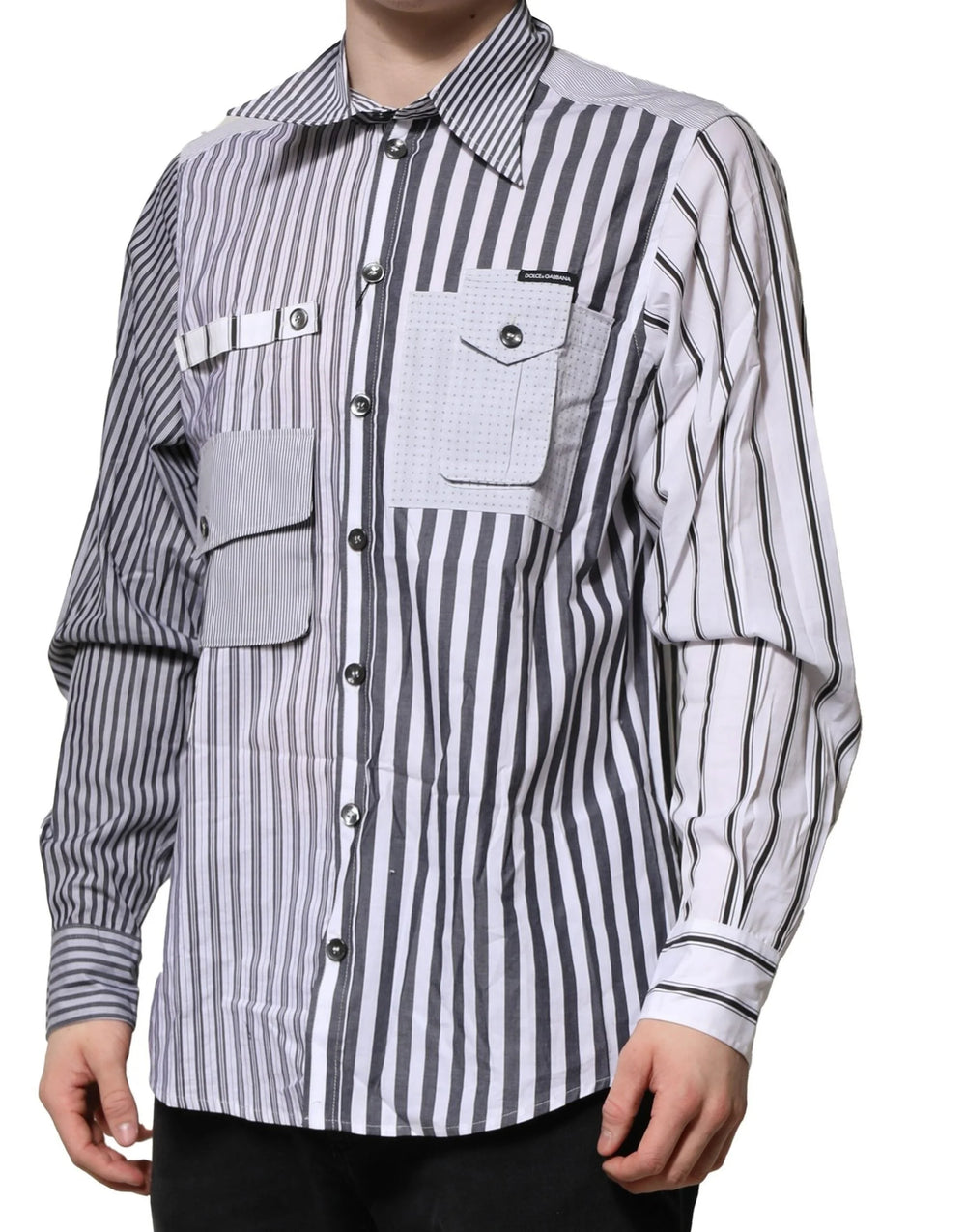 Dolce & Gabbana White Gray Striped Cotton Men Casual Shirt - IT40 | M - Shirts