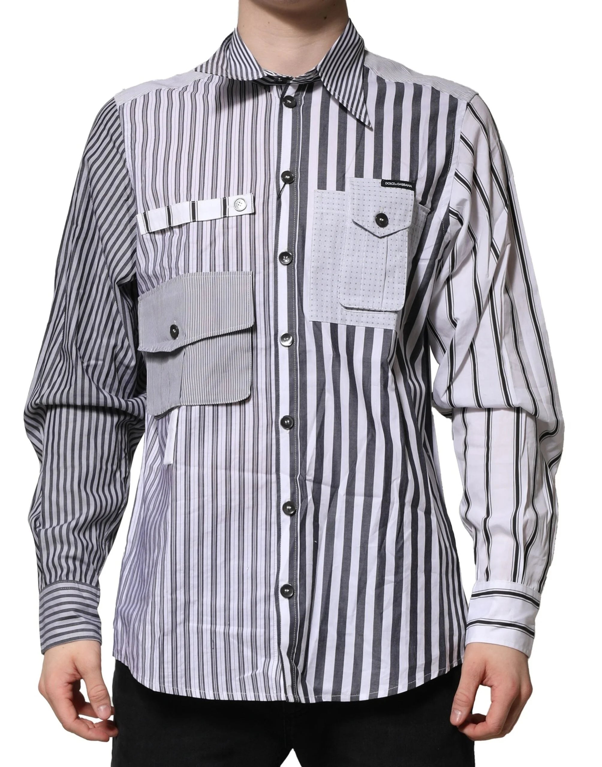 Dolce & Gabbana White Gray Striped Cotton Men Casual Shirt - IT40 | M - Shirts