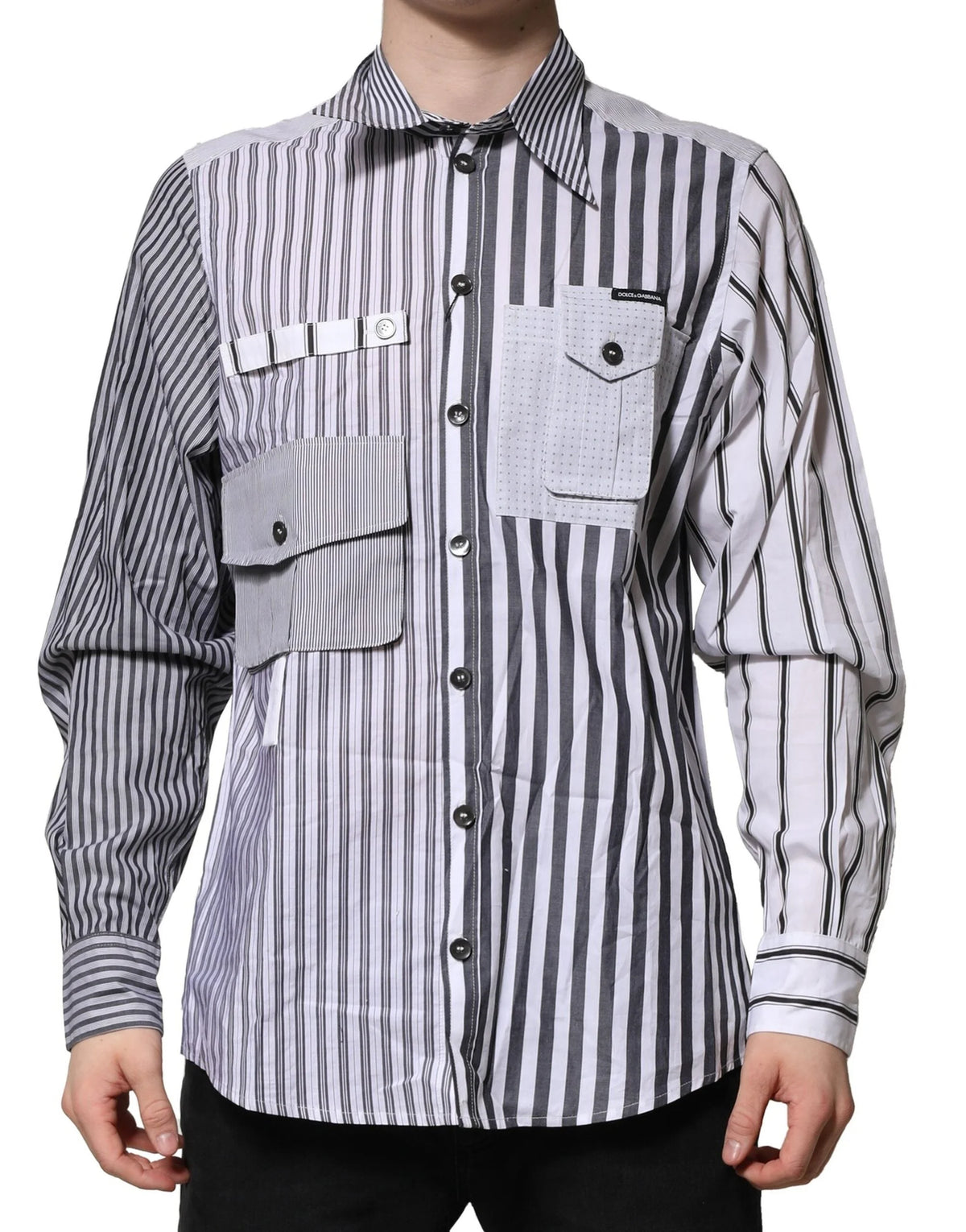 Dolce & Gabbana White Gray Striped Cotton Men Casual Shirt - IT40 | M - Shirts