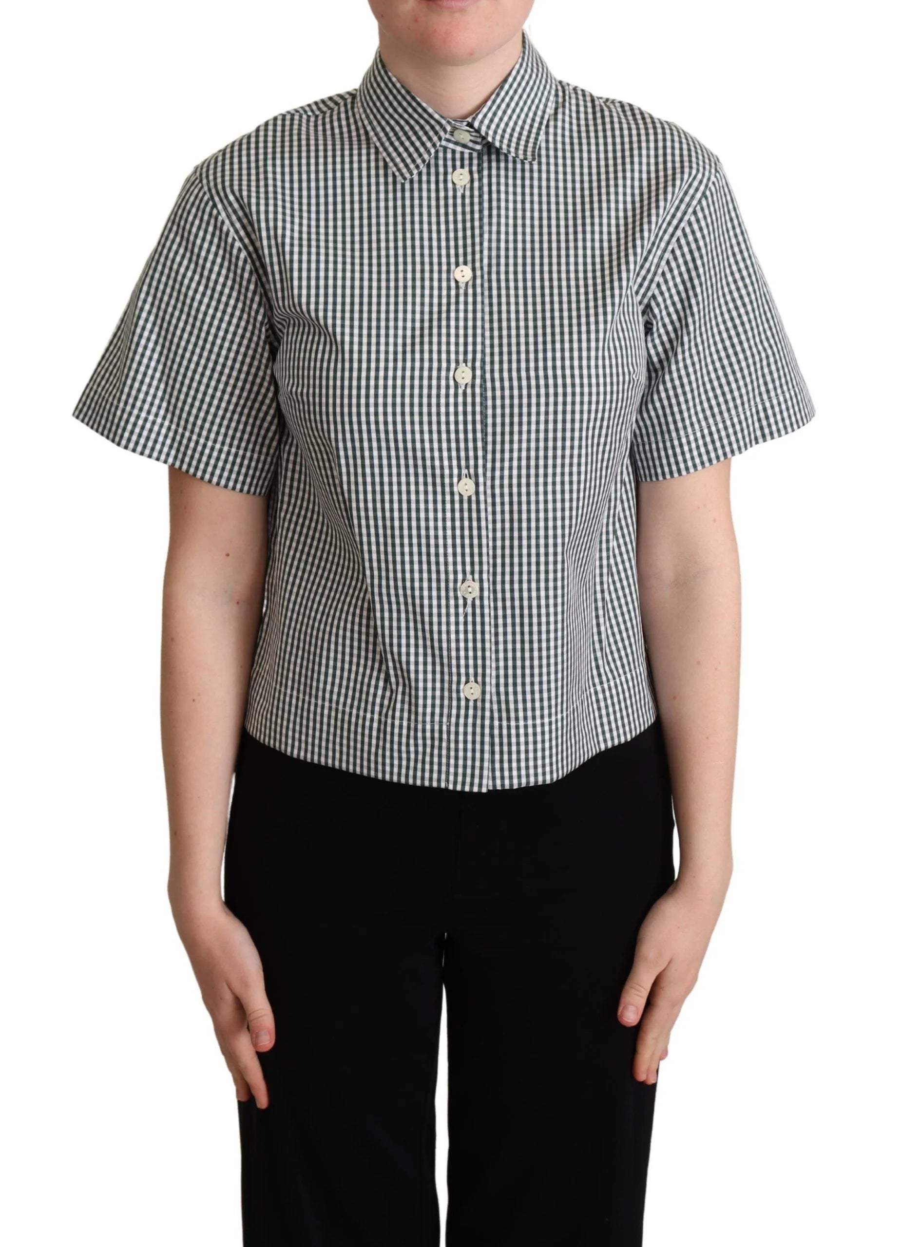 Dolce & Gabbana White Green Cotton Check Shirt Blouse Top - Polos