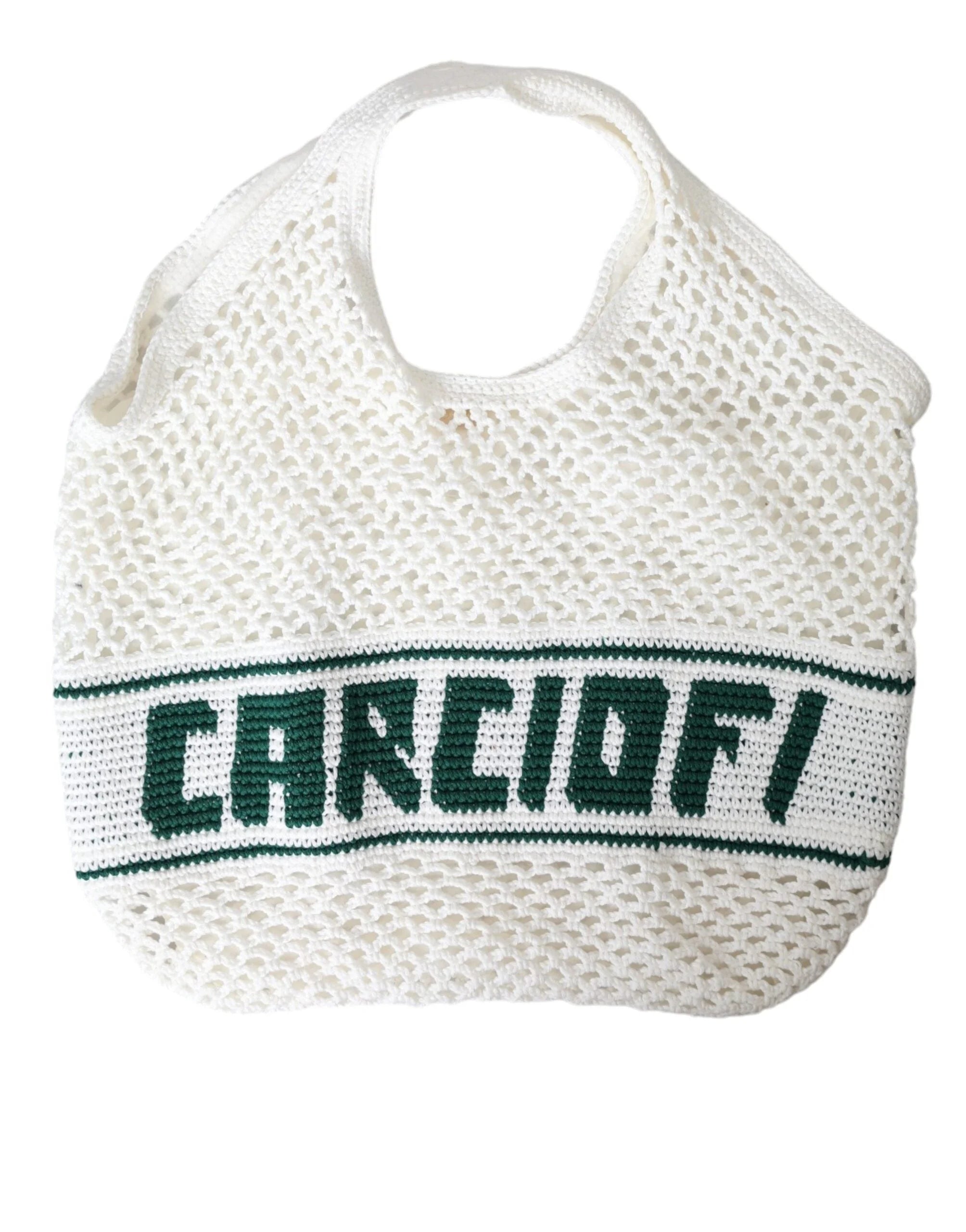 Dolce & Gabbana White Green Knitted Cotton Logo Shopping Tote Bag - Tote Bags