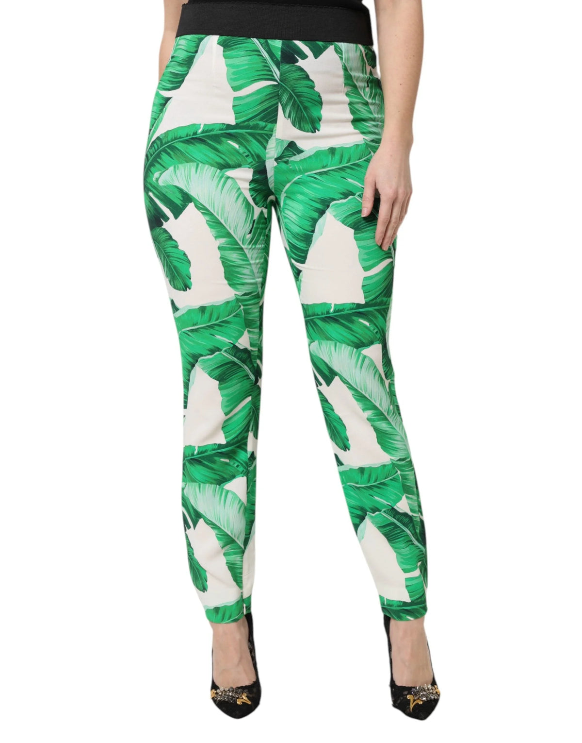 Dolce & Gabbana White Green Leaf High Waist Pants - Trousers