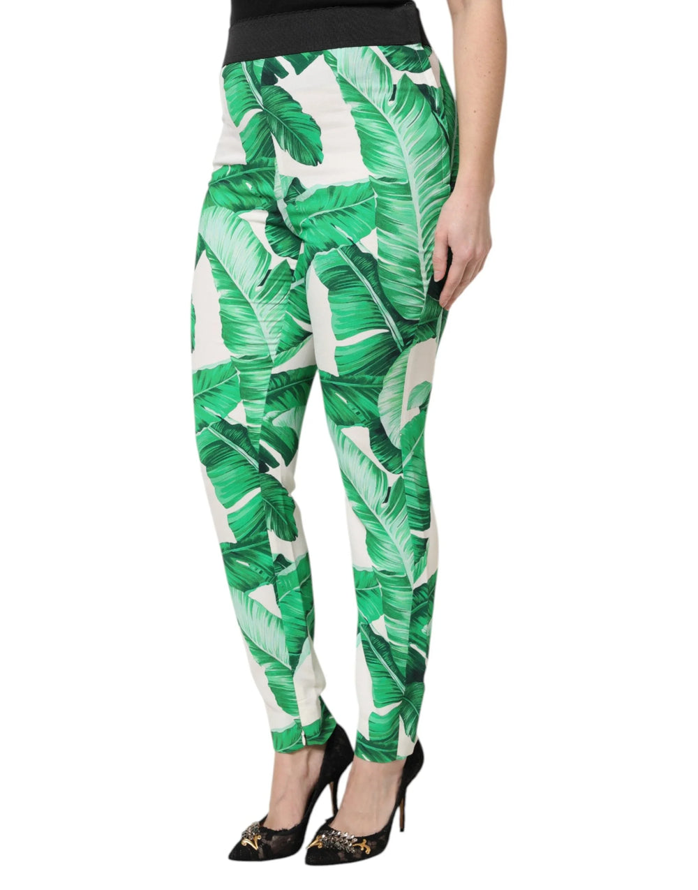 Dolce & Gabbana White Green Leaf High Waist Pants - Trousers