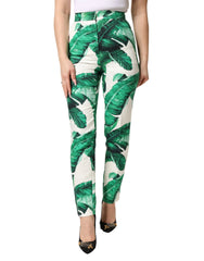 Dolce & Gabbana White Green Leaf High Waist Trousers Pants - IT36|XXS