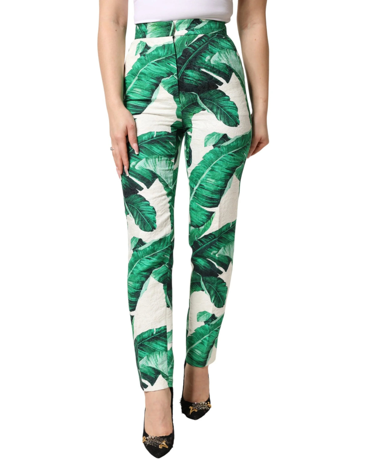 Dolce & Gabbana White Green Leaf High Waist Trousers Pants - IT36|XXS