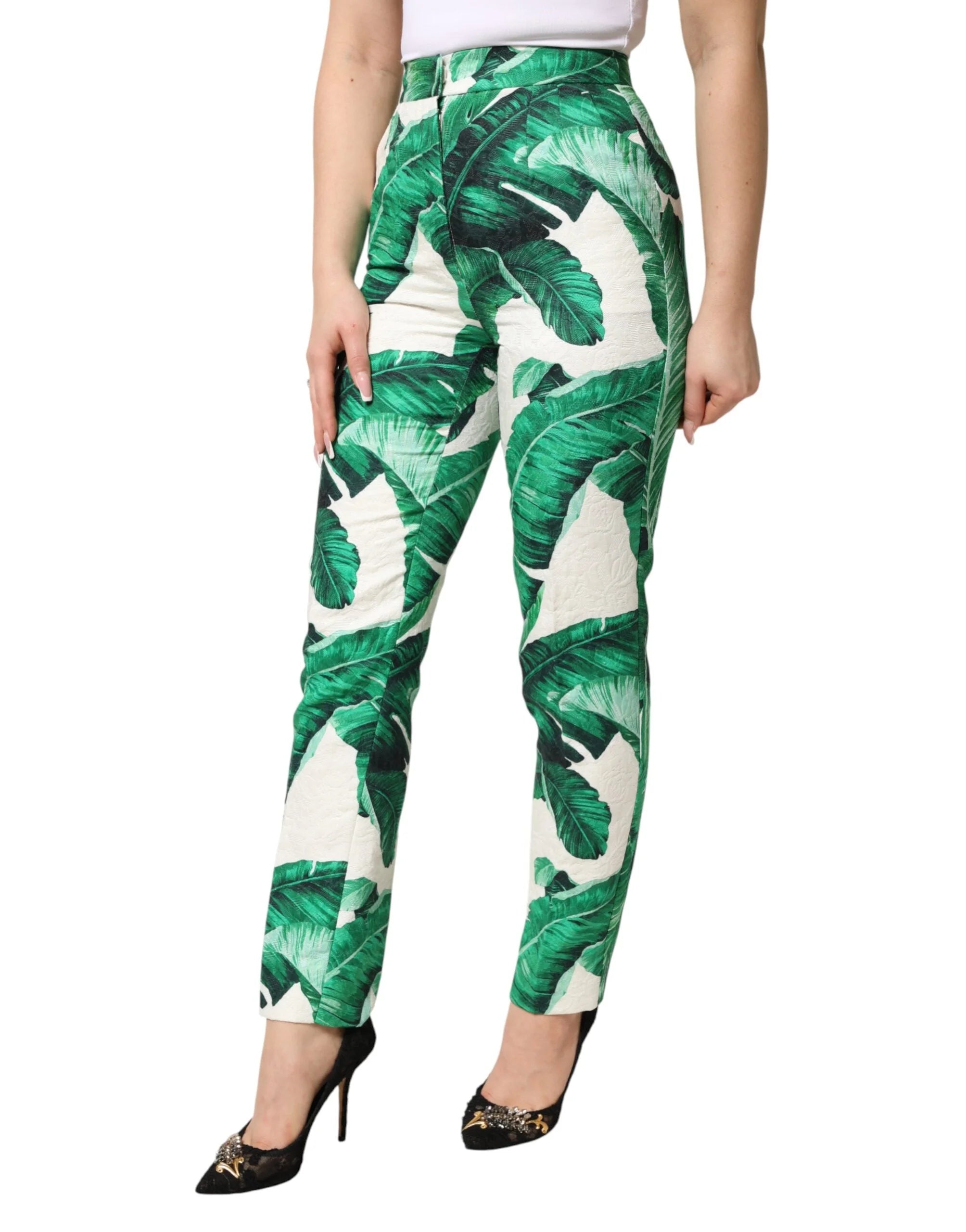 Dolce & Gabbana White Green Leaf High Waist Trousers Pants - IT36|XXS