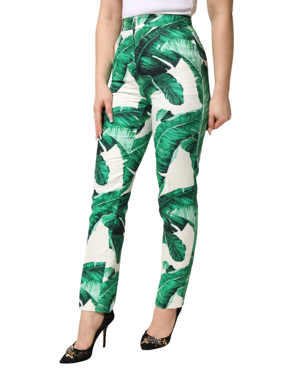 Dolce & Gabbana White Green Leaf High Waist Trousers Pants - IT36|XXS