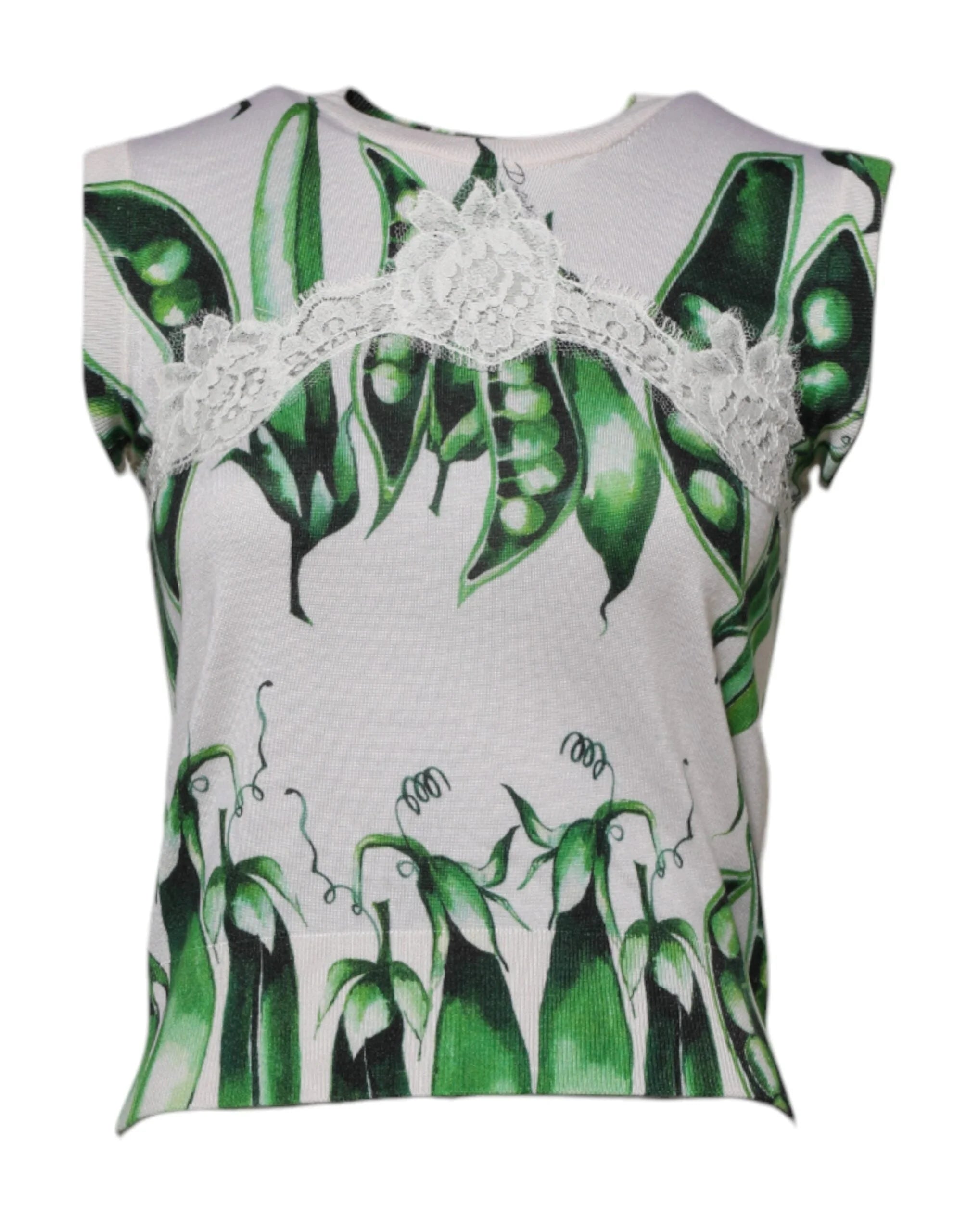 Dolce & Gabbana White Green Pea Print Sleeveless Blouse Top - IT36|XXS - Blouses
