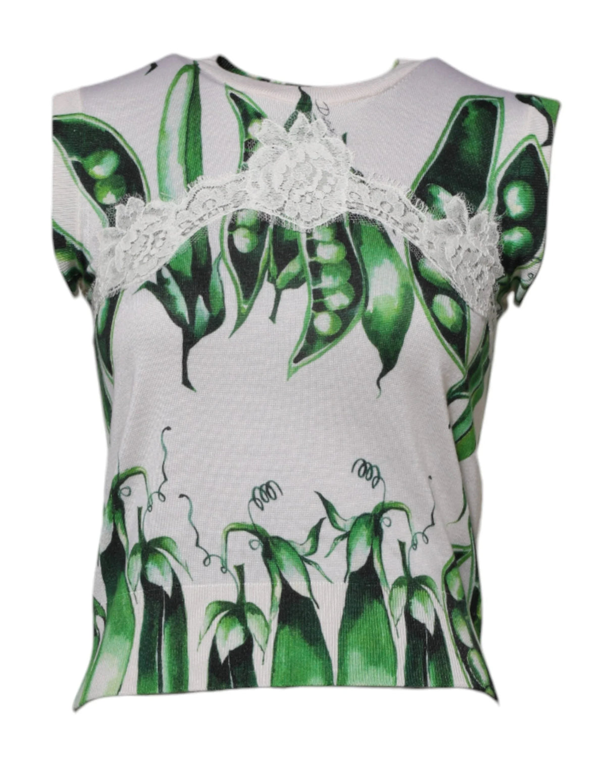Dolce & Gabbana White Green Pea Print Sleeveless Blouse Top - IT36|XXS - Blouses