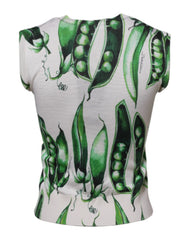 Dolce & Gabbana White Green Pea Print Sleeveless Blouse Top - IT36|XXS - Blouses