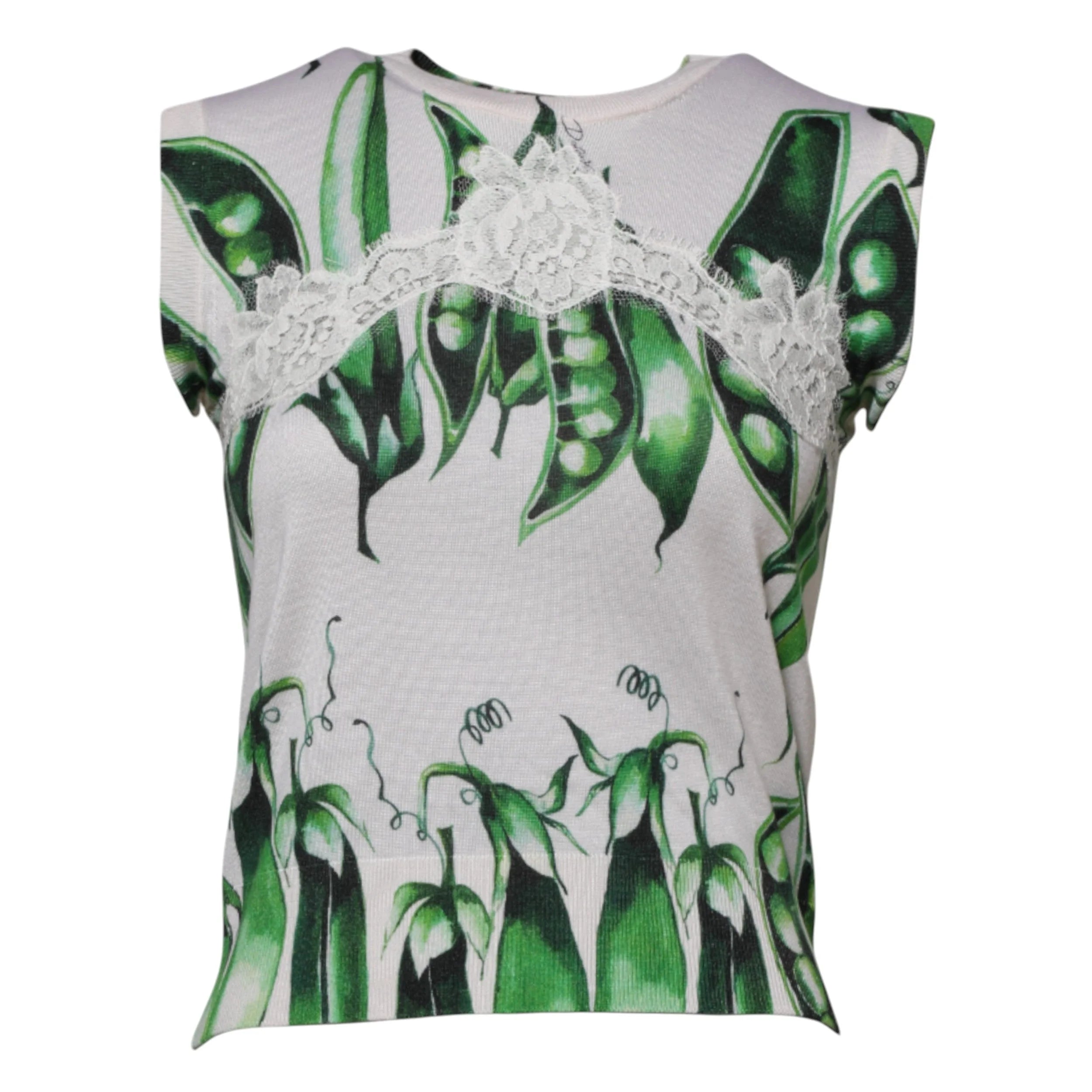 Dolce & Gabbana White Green Pea Print Sleeveless Blouse Top - IT36|XXS - Blouses