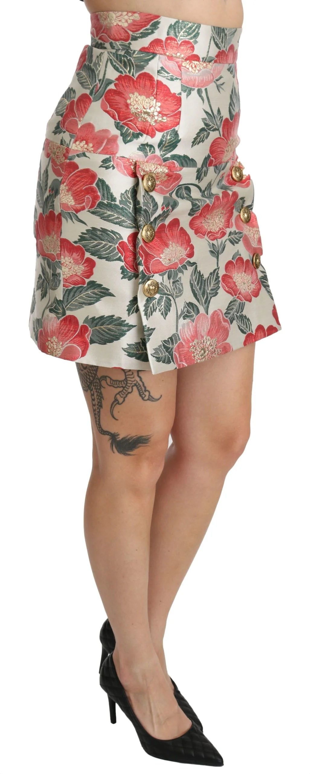 Dolce & Gabbana White Green Red Floral High Waist Mini Skirt - Skirts