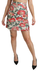 Dolce & Gabbana White Green Red Floral High Waist Mini Skirt - Skirts