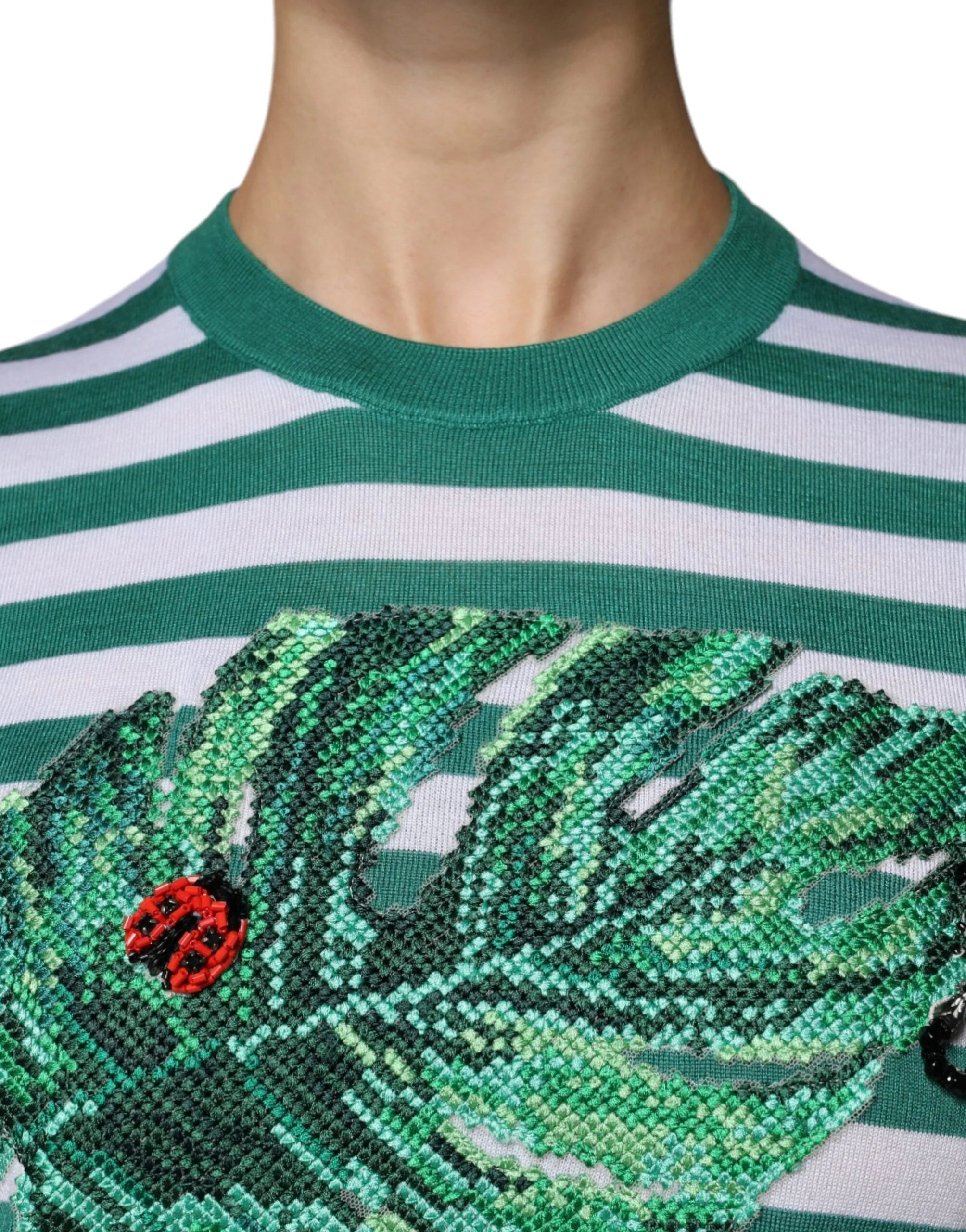 Dolce & Gabbana White Green Stripe Leaf Crew Neck T-shirt - IT36 | XS - T-Shirts