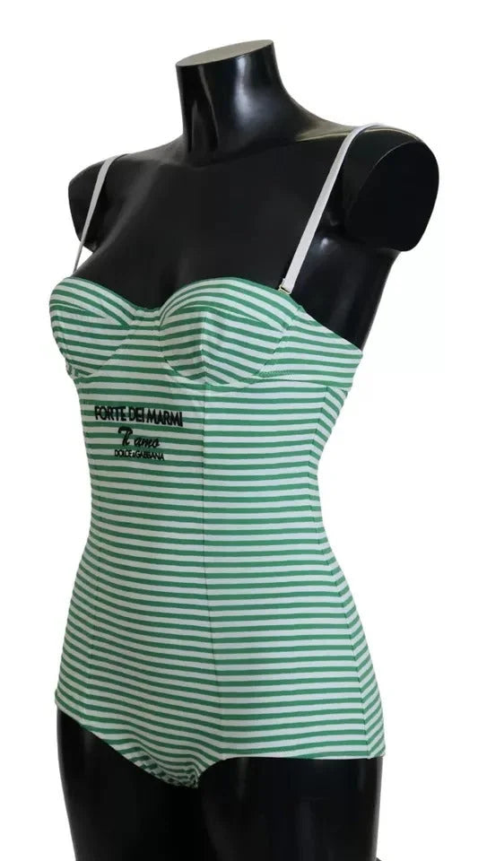 Dolce & Gabbana White Green Stripes One Piece Beachwear Swimwear - IT1 | XS - One-Piece Swimsuits