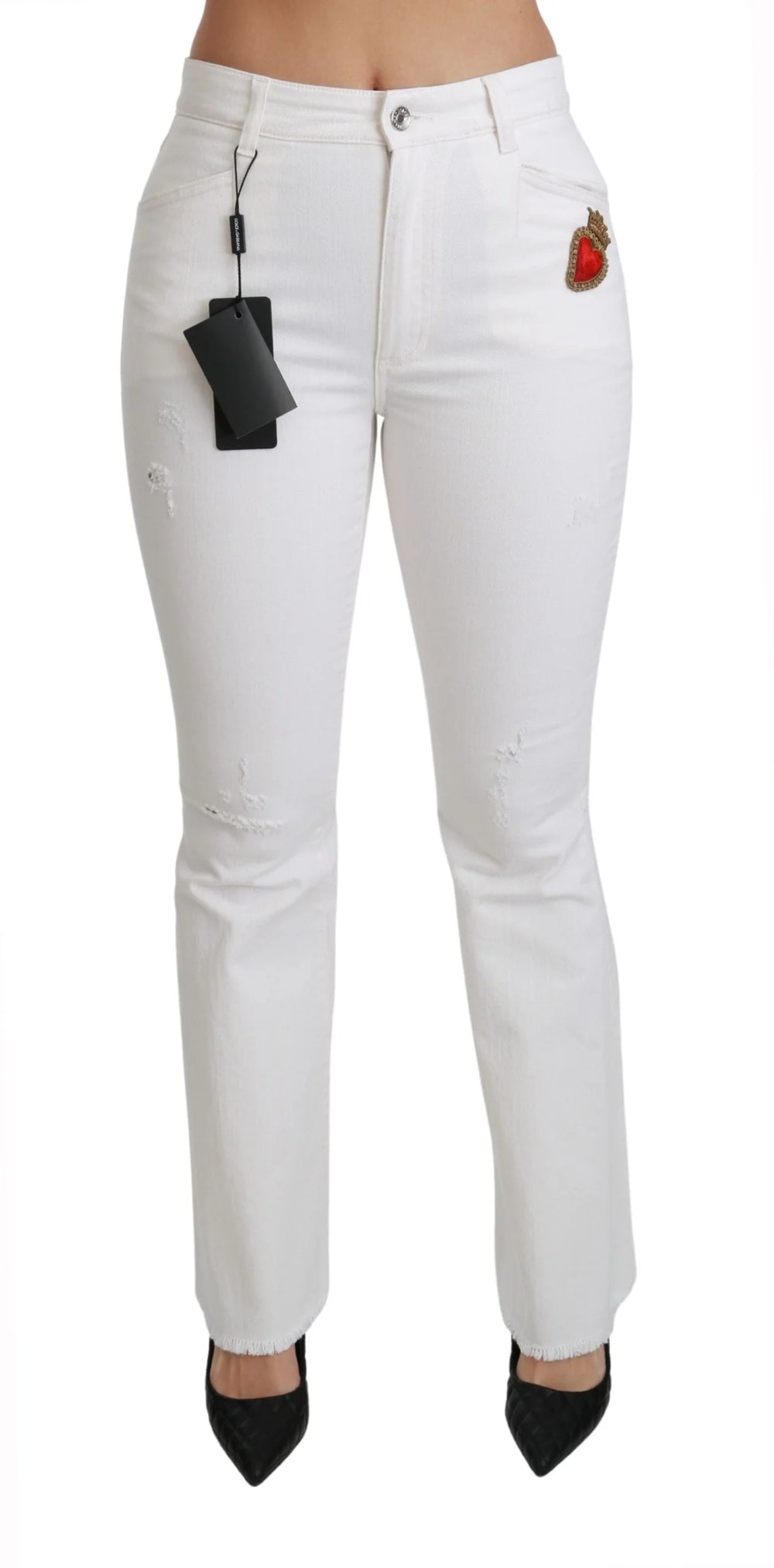 Dolce & Gabbana White Heart Flared Stretch Cotton Pants - Jeans