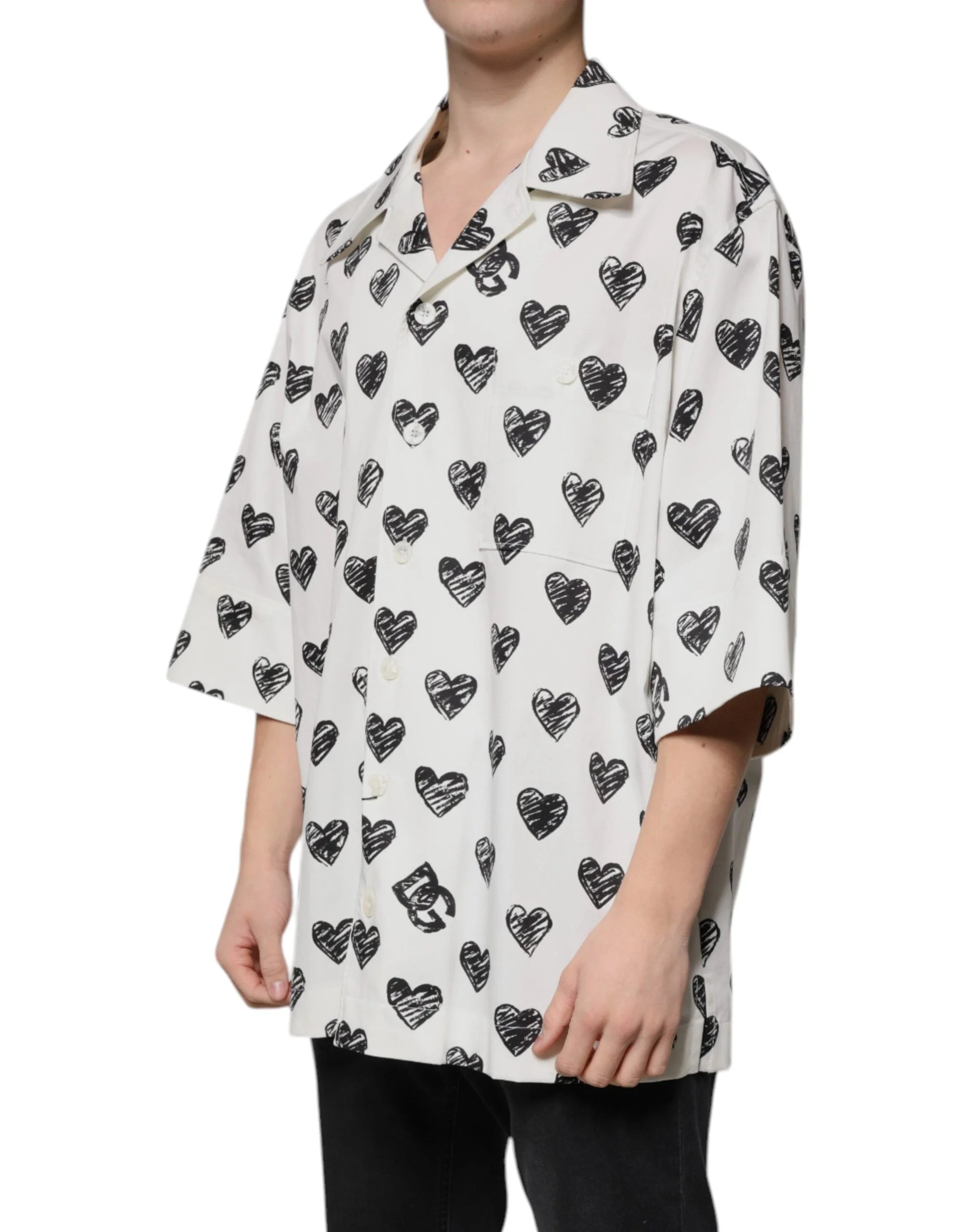Dolce & Gabbana White Heart Print Short Sleeve Casual Shirt - IT43 | 2XL - Shirts