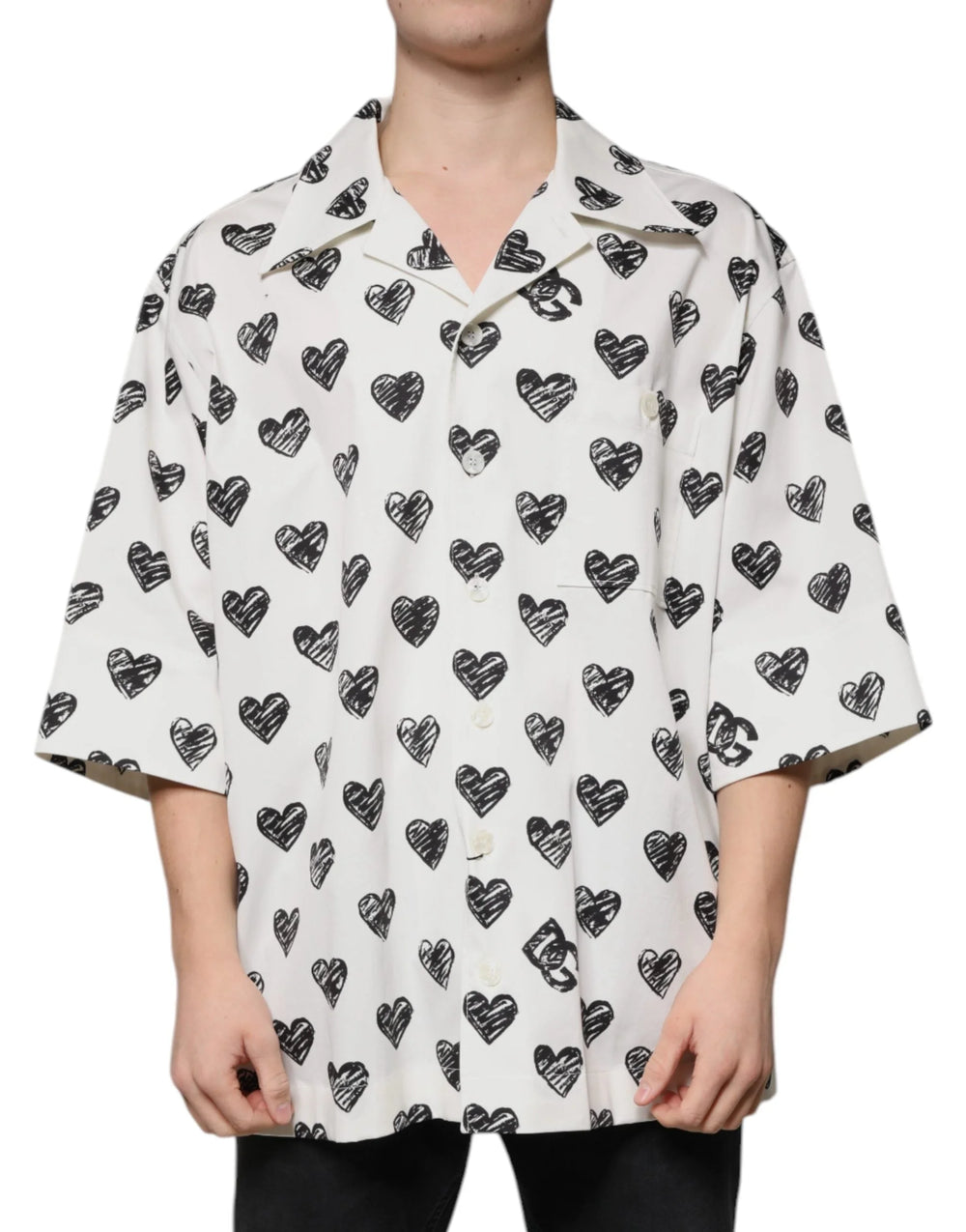 Dolce & Gabbana White Heart Print Short Sleeve Casual Shirt - IT43 | 2XL - Shirts