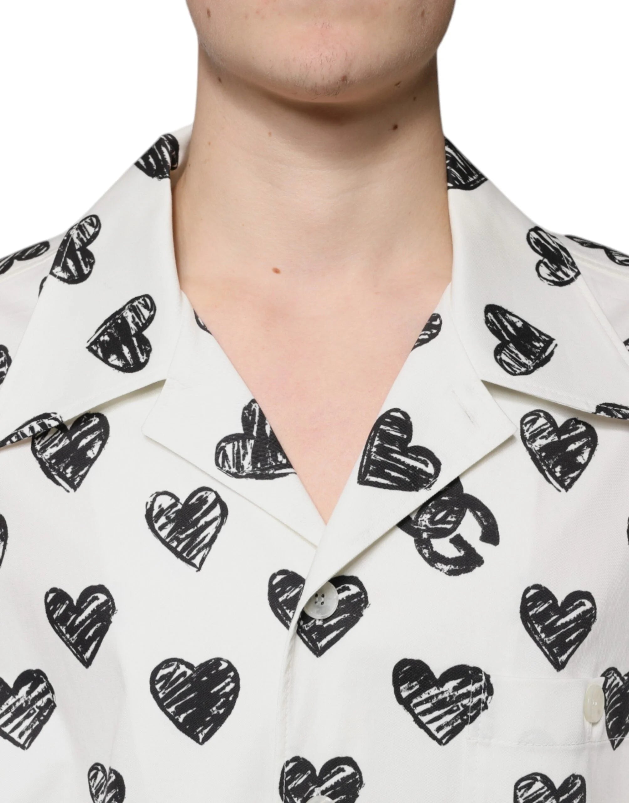 Dolce & Gabbana White Heart Print Short Sleeve Casual Shirt - IT43 | 2XL - Shirts