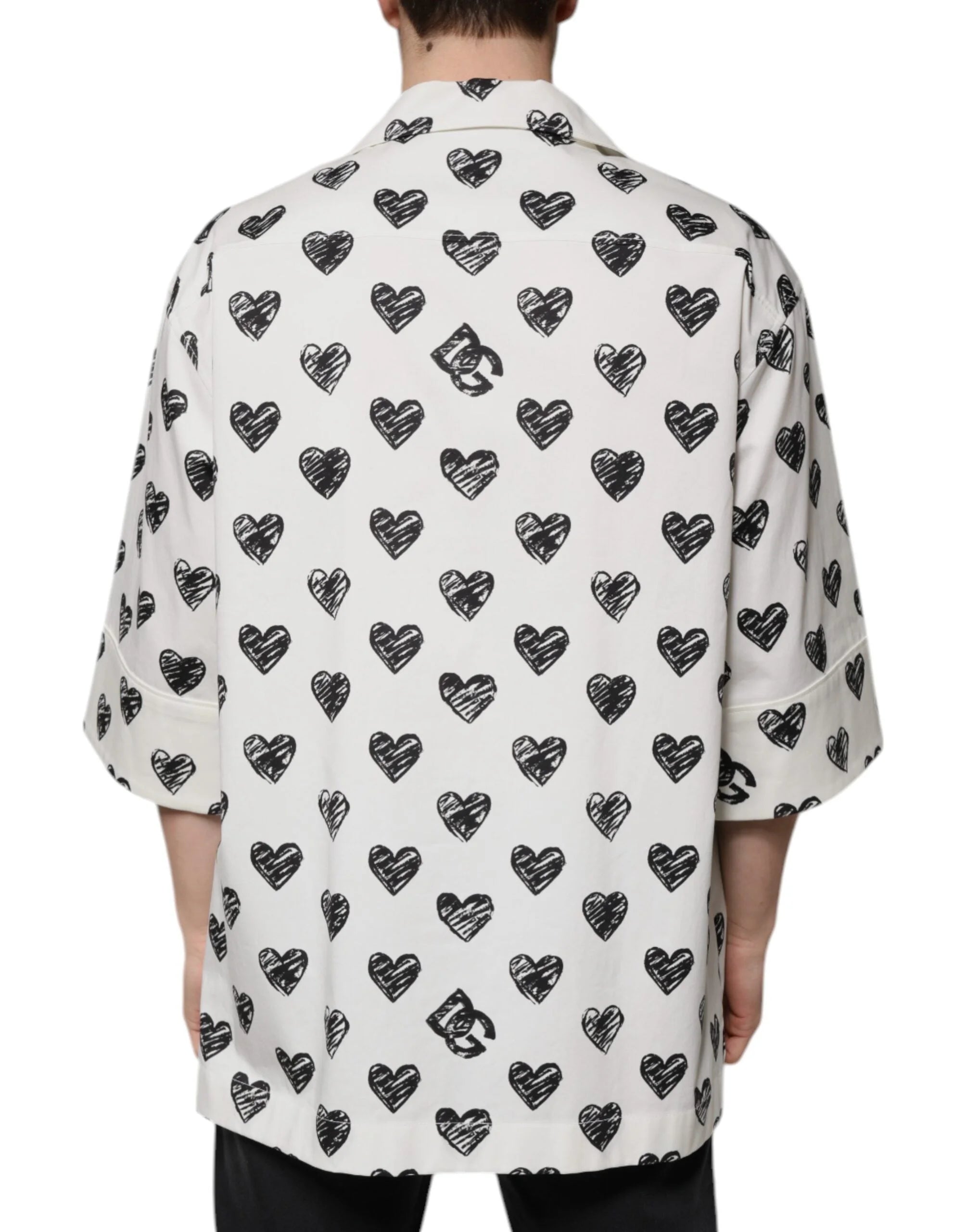 Dolce & Gabbana White Heart Print Short Sleeve Casual Shirt - IT43 | 2XL - Shirts