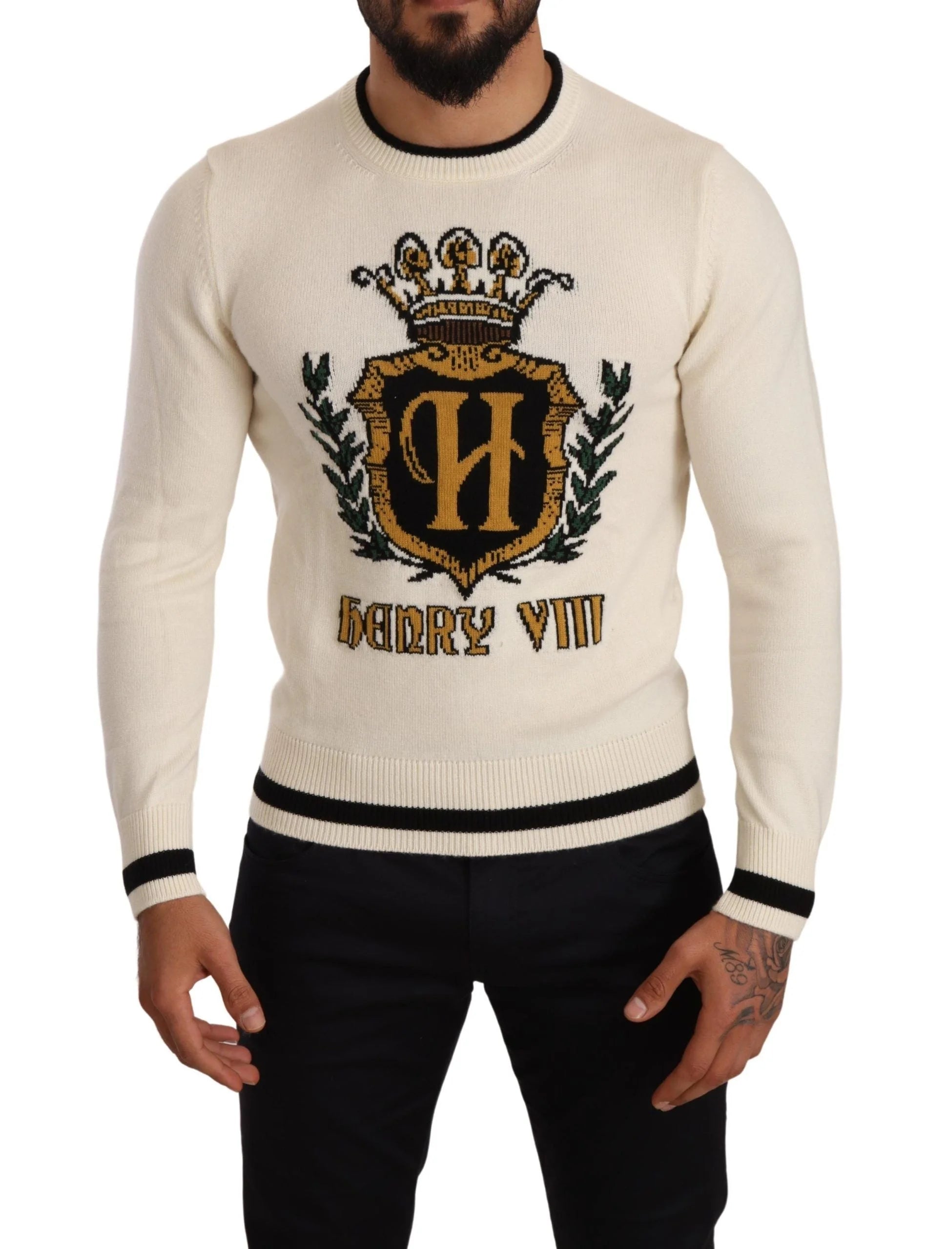 Dolce & Gabbana White Heraldic Cashmere Pullover Sweater - IT44 | XS - Sweaters
