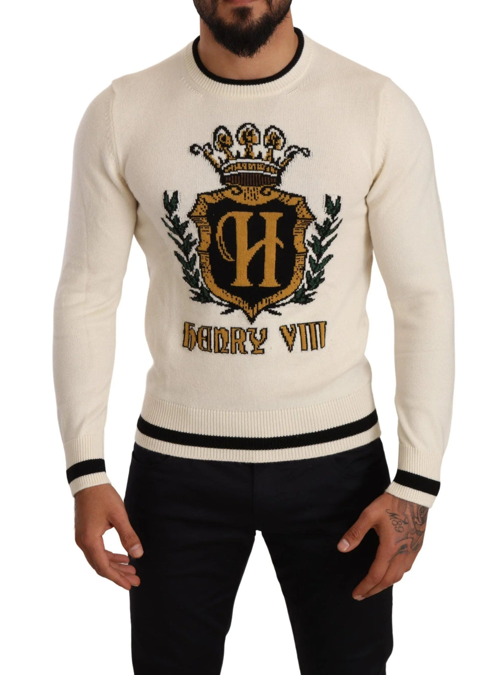 Dolce & Gabbana White Heraldic Cashmere Pullover Sweater - IT44 | XS - Sweaters