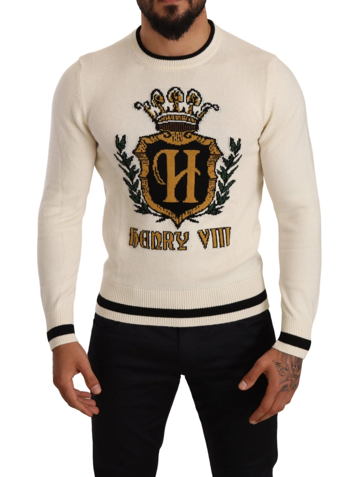 Dolce & Gabbana White Heraldic Cashmere Pullover Sweater - IT44 | XS - Sweaters