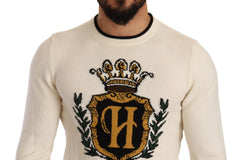 Dolce & Gabbana White Heraldic Cashmere Pullover Sweater - IT44 | XS - Sweaters