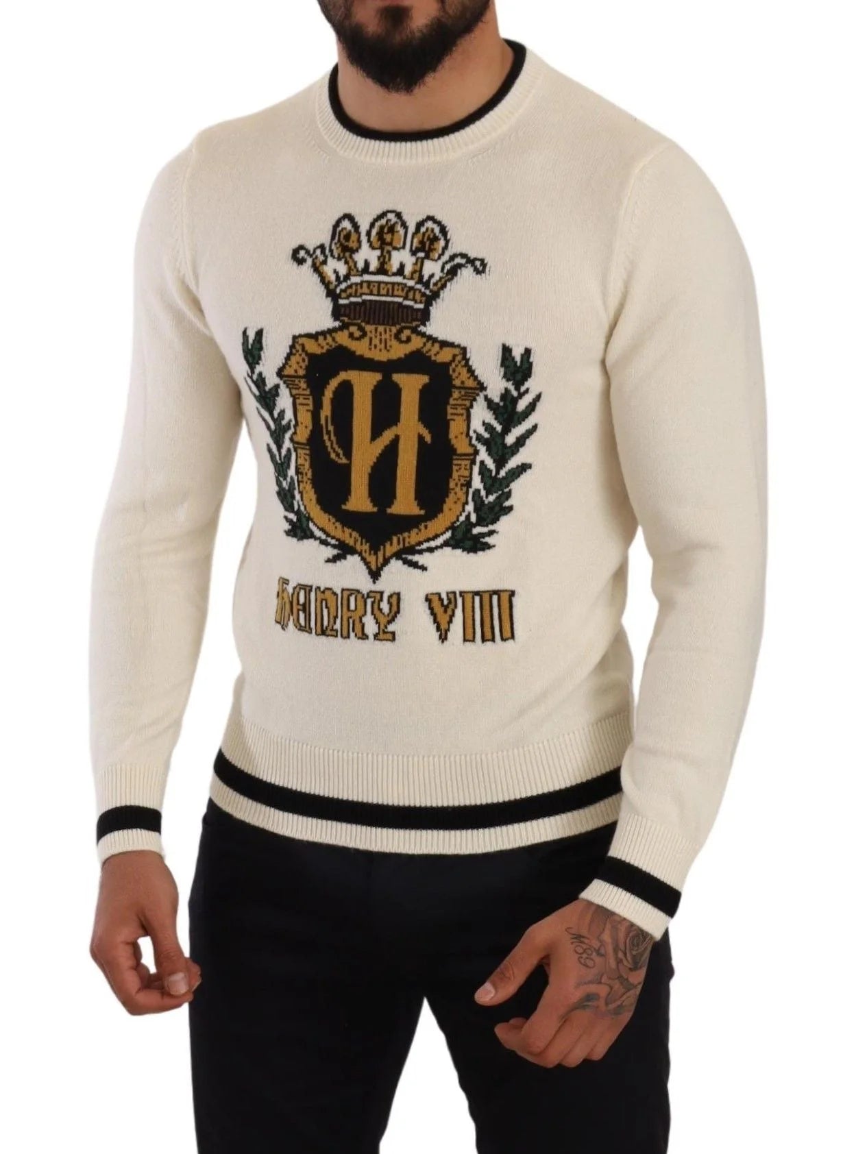 Dolce & Gabbana White Heraldic Cashmere Pullover Sweater - IT44 | XS - Sweaters