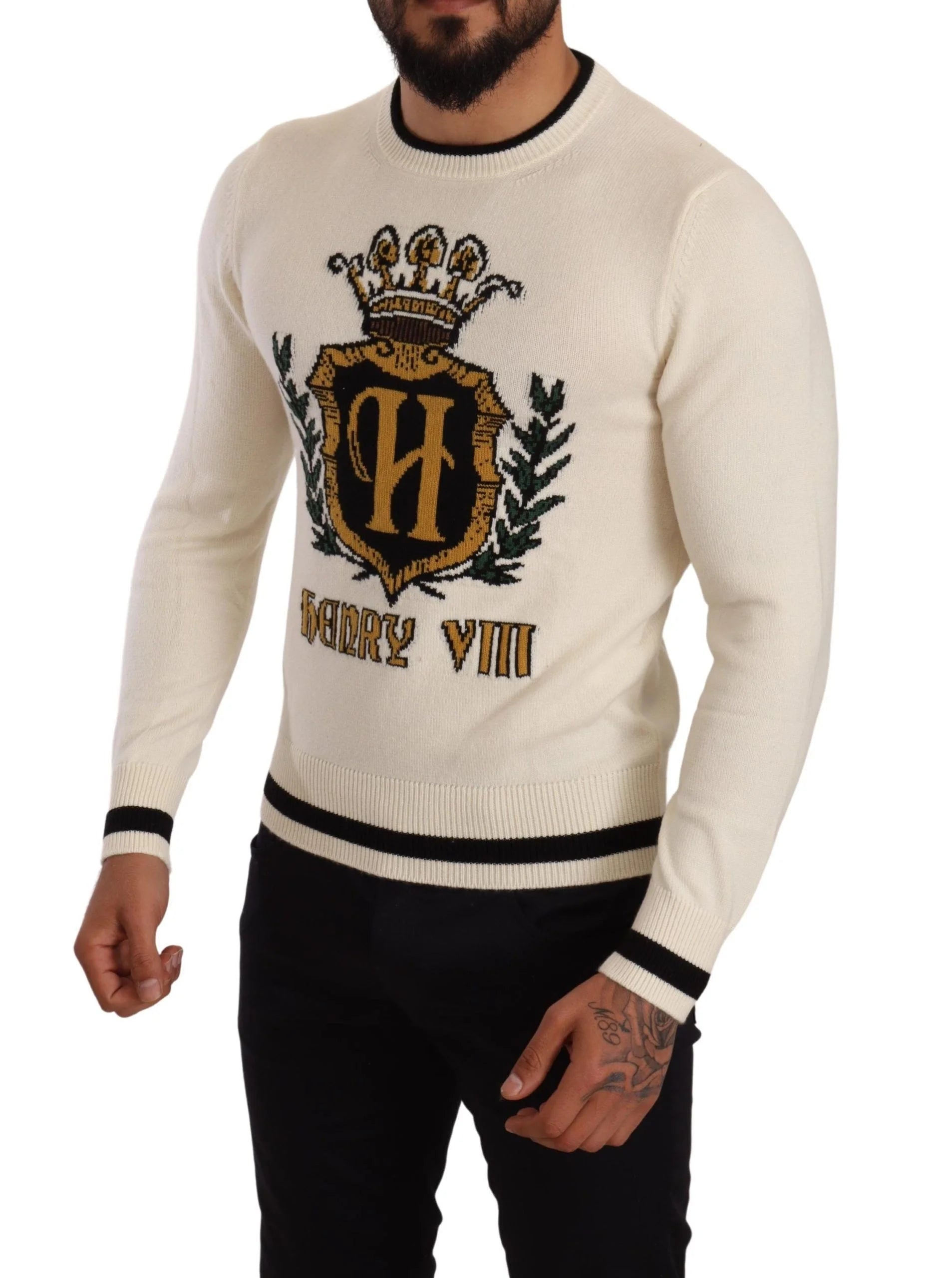 Dolce & Gabbana White Heraldic Cashmere Pullover Sweater - IT44 | XS - Sweaters
