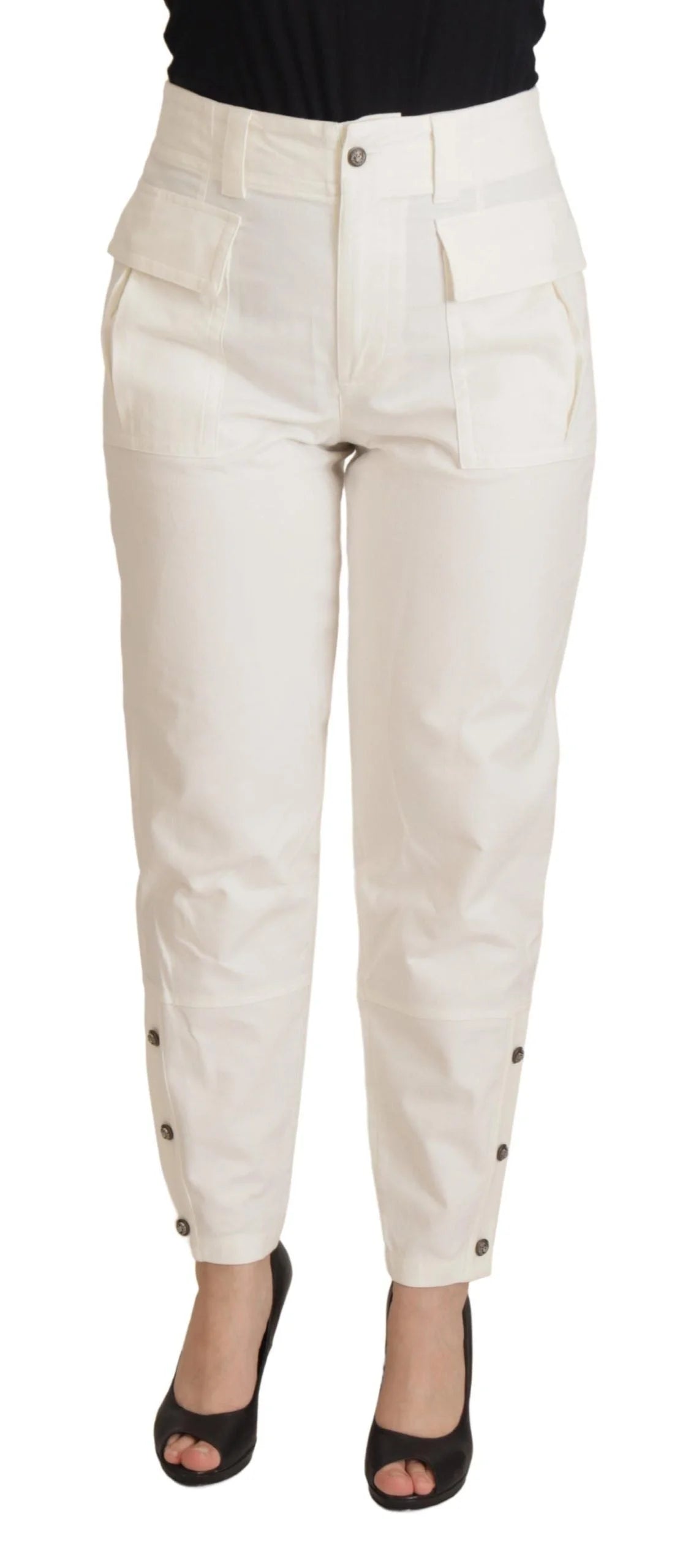 Dolce & Gabbana White High Waist Tapered Women Cotton Pants - Trousers