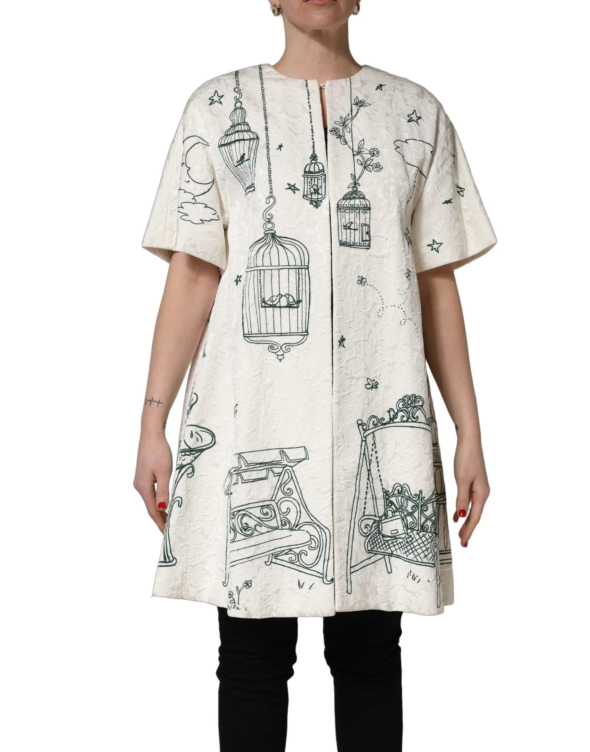 Dolce & Gabbana White Jacquard Garden Print Coat Jacket - IT38 | XS