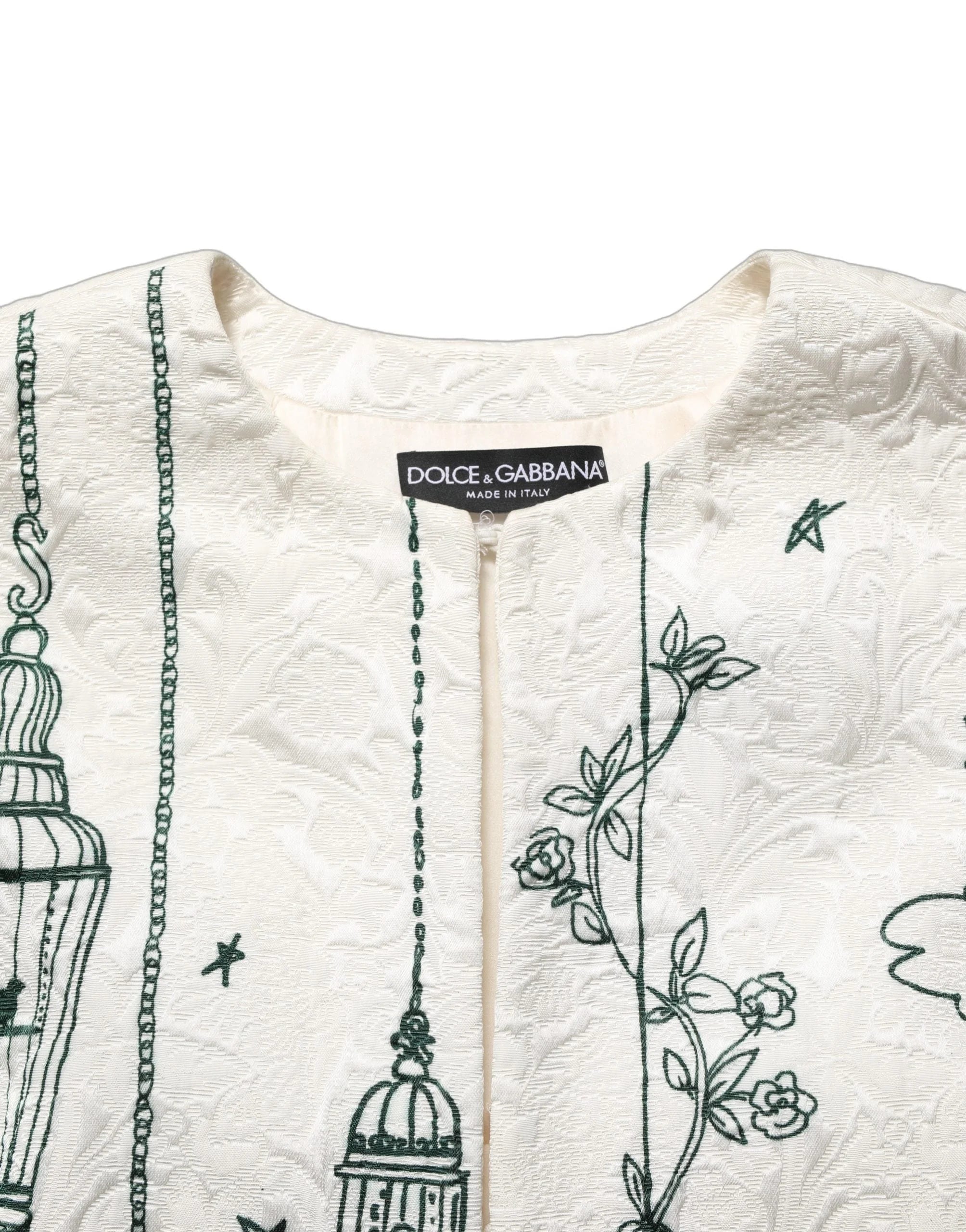 Dolce & Gabbana White Jacquard Garden Print Coat Jacket - IT38 | XS