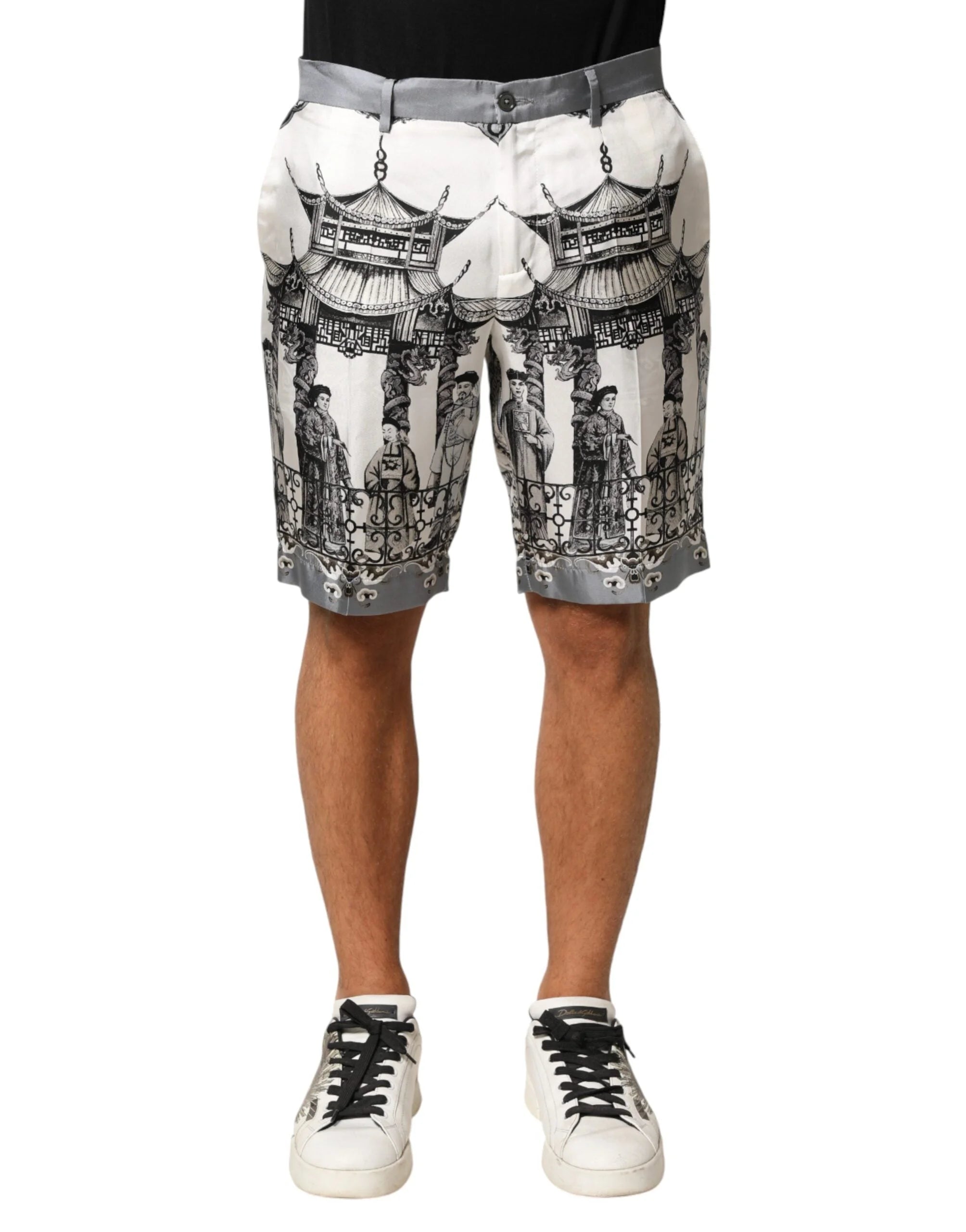 Dolce & Gabbana White Japanese Asian Print Silk Bermuda Shorts - IT46 | S