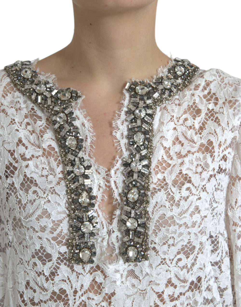 Dolce & Gabbana White Lace Crystal Embellished Shift Dress - IT42|M - Dresses