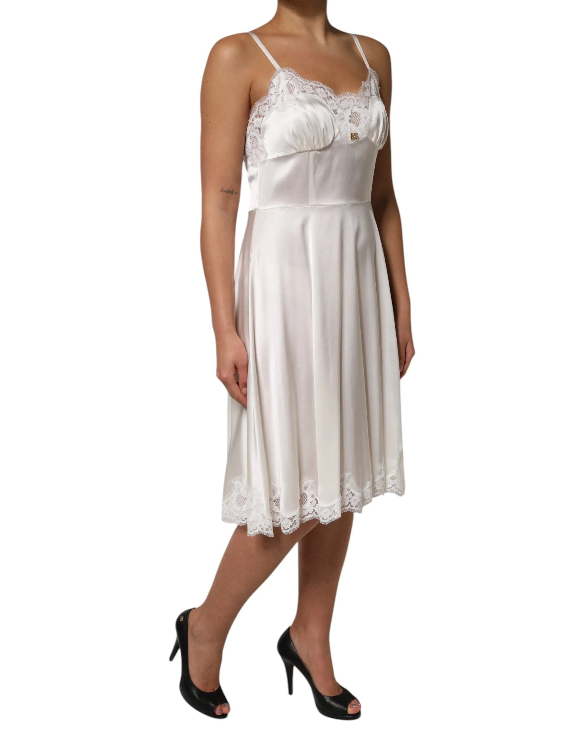 Dolce & Gabbana White Lace DG Logo Silk Dress Sleepwear - IT46|XL - Nightgowns
