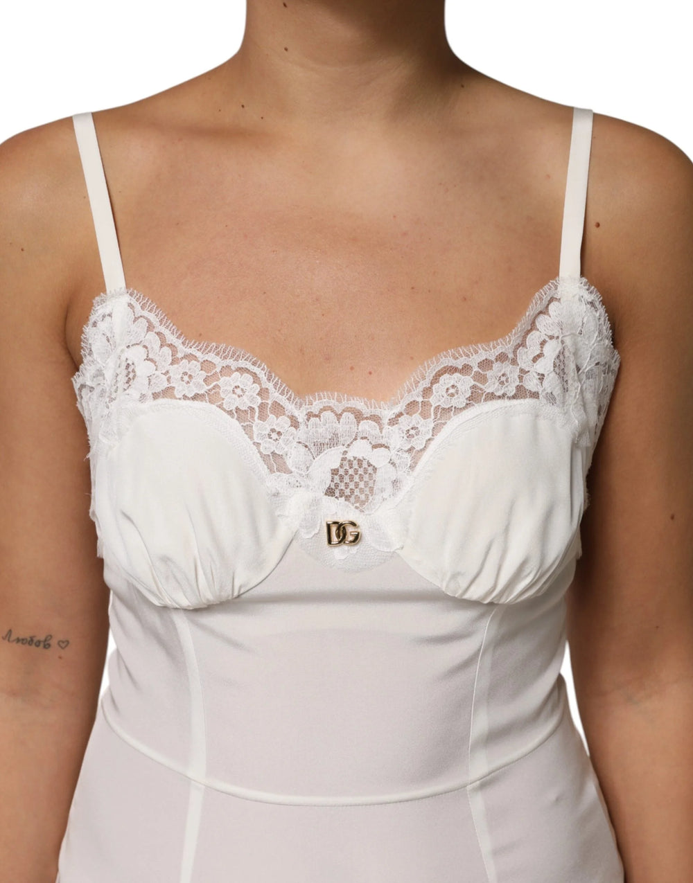 Dolce & Gabbana White Lace DG Logo Silk Dress Sleepwear - Nightgowns