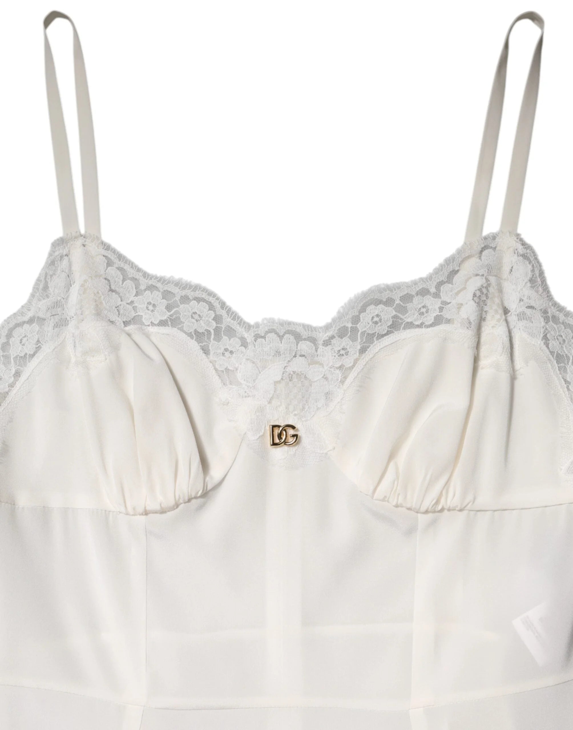Dolce & Gabbana White Lace DG Logo Silk Dress Sleepwear - Nightgowns