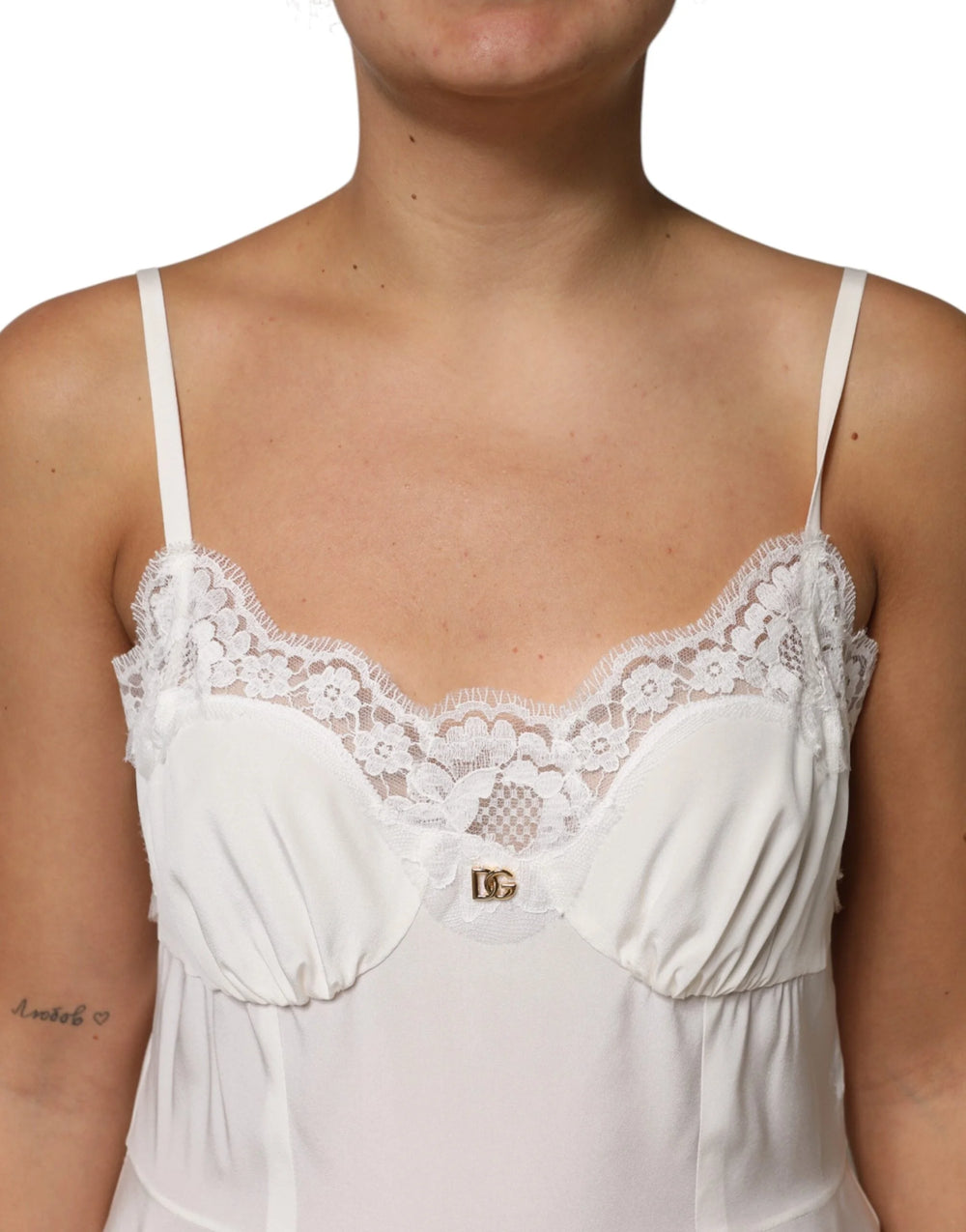 Dolce & Gabbana White Lace Gold DG Logo Silk Dress Sleepwear - Nightgowns