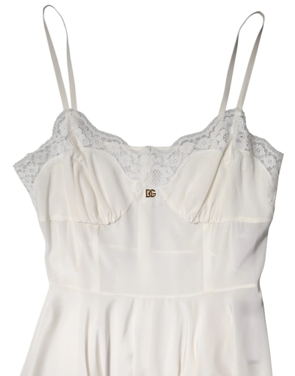 Dolce & Gabbana White Lace Gold DG Logo Silk Dress Sleepwear - Nightgowns