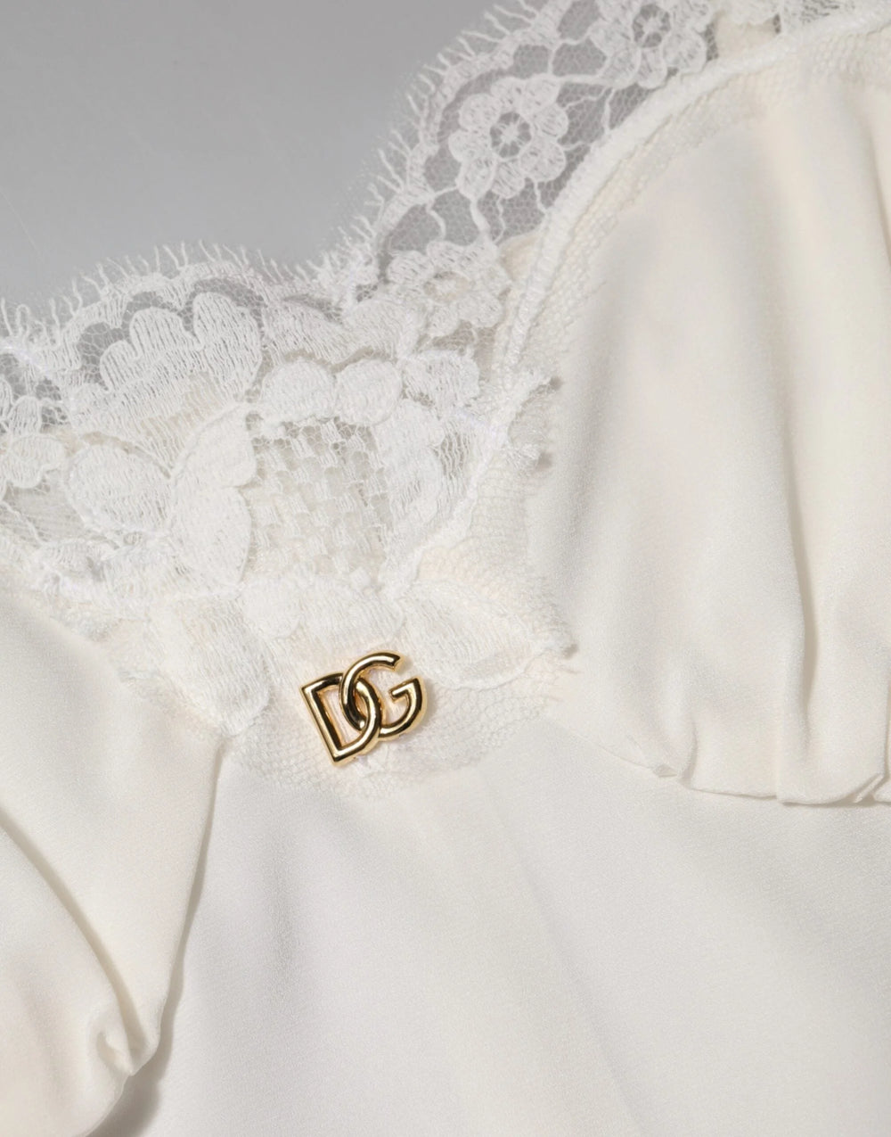 Dolce & Gabbana White Lace Gold DG Logo Silk Dress Sleepwear - Nightgowns