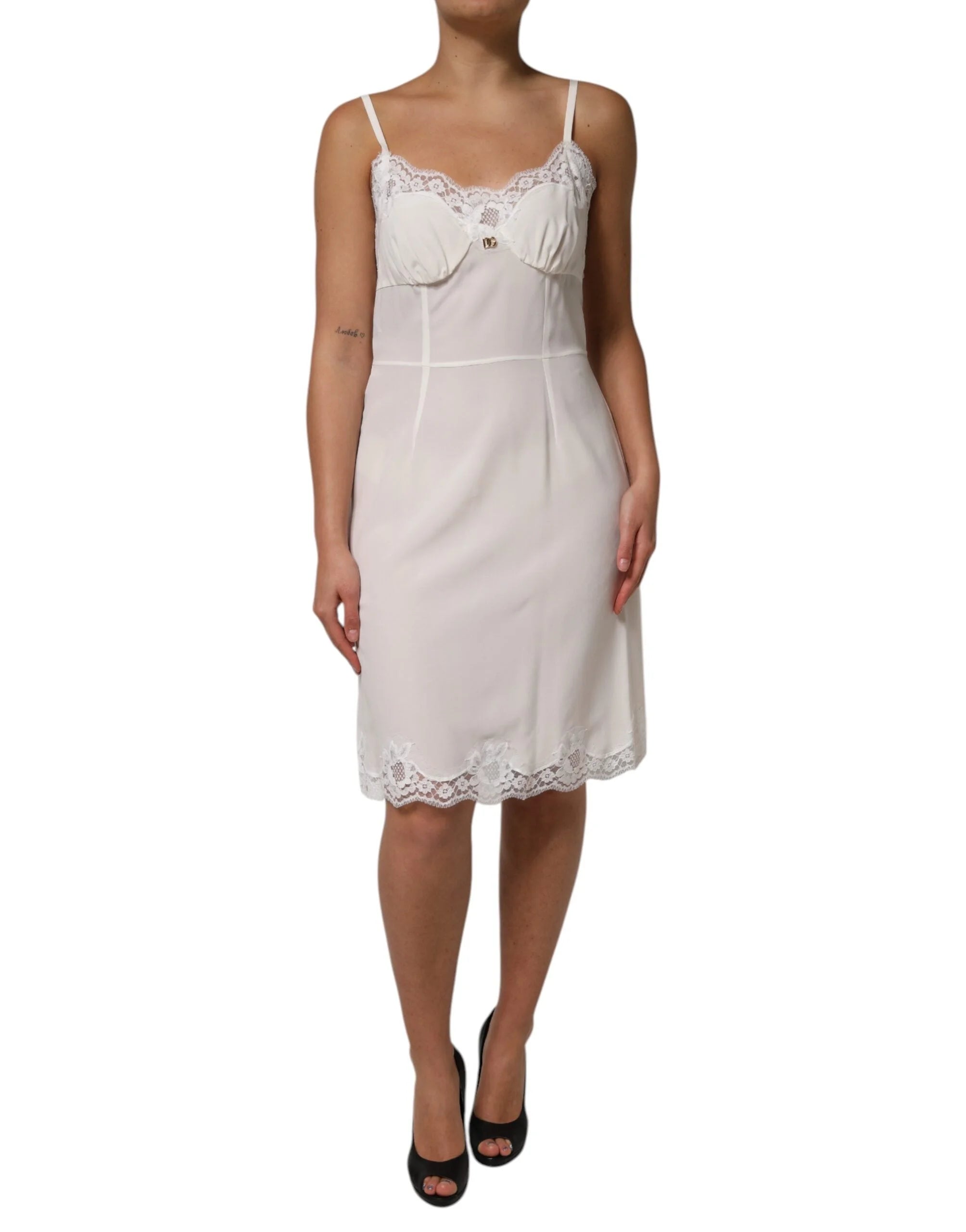 Dolce & Gabbana White Lace Gold DG Logo Silk Dress Sleepwear - Nightgowns