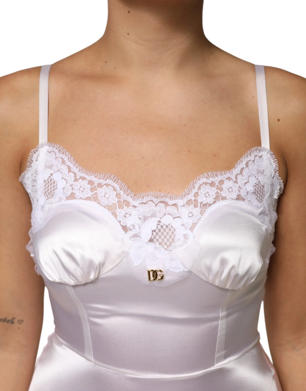 Dolce & Gabbana White Lace Gold DG Logo Silk Dress Sleepwear - IT38 | XS - Nightgowns