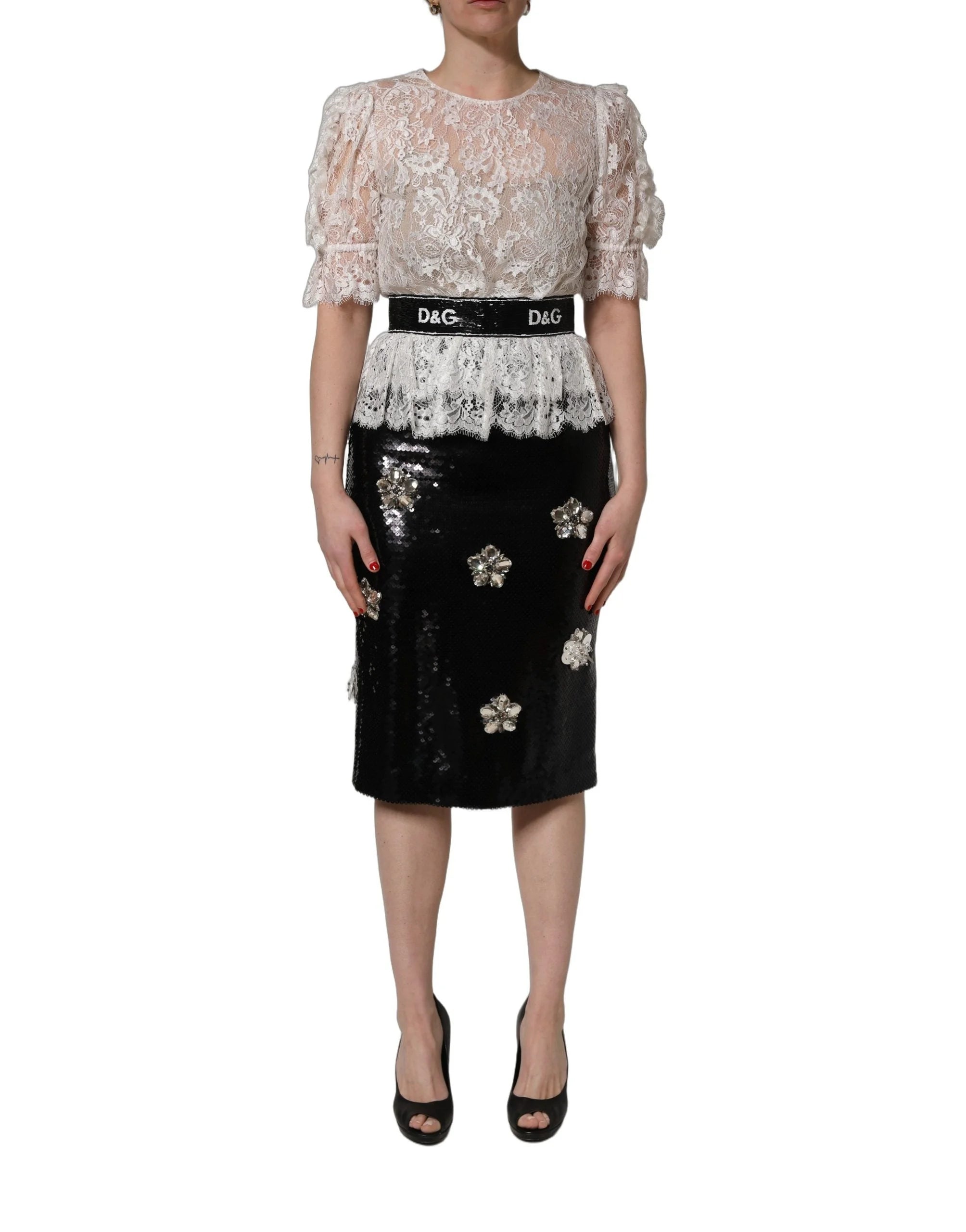 Dolce & Gabbana White Lace Top Embellished Black Skirt Dress - IT42|M