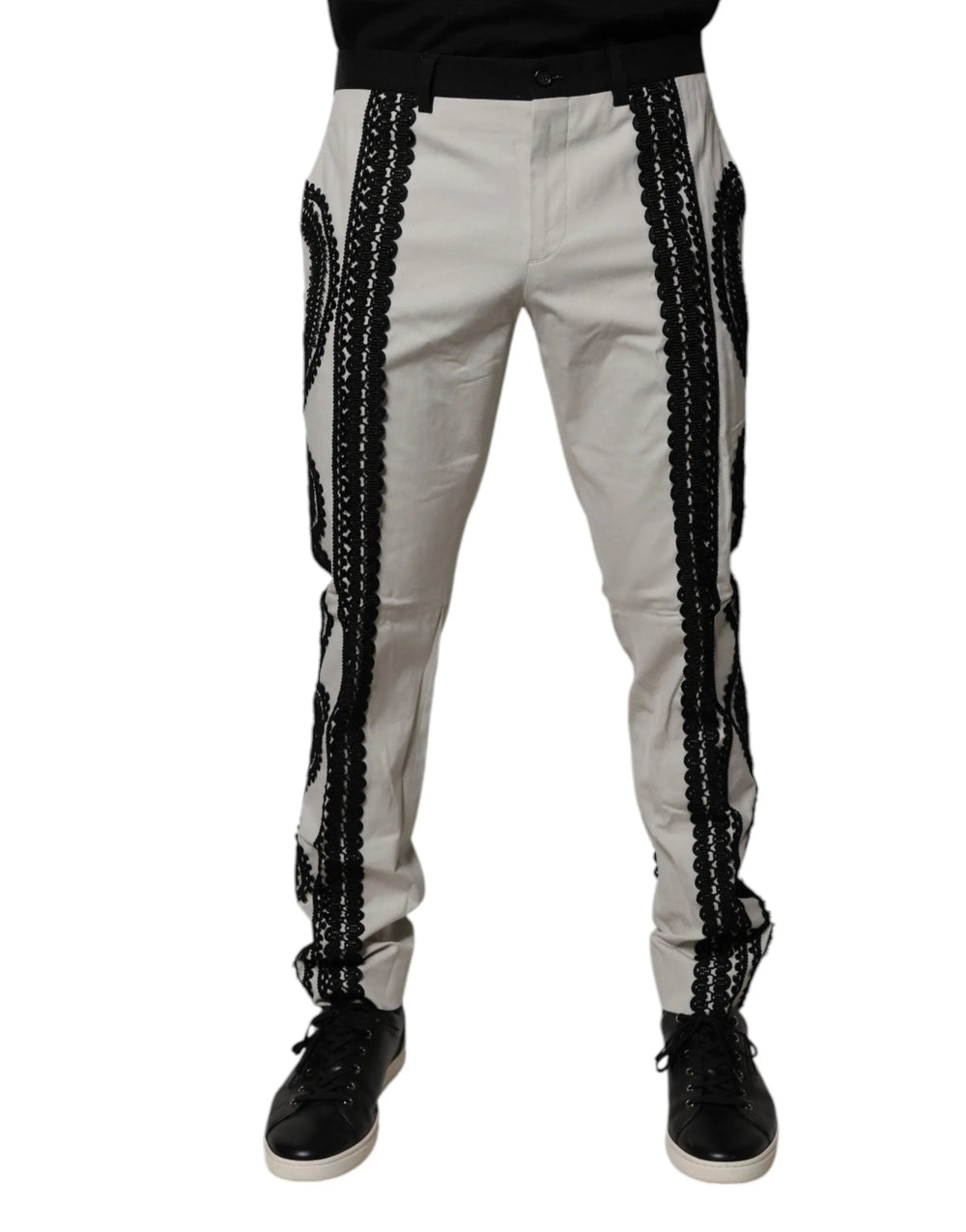 Dolce & Gabbana White Lace Trim Mid Waist Dress Formal Pants - IT50 | L - Trousers