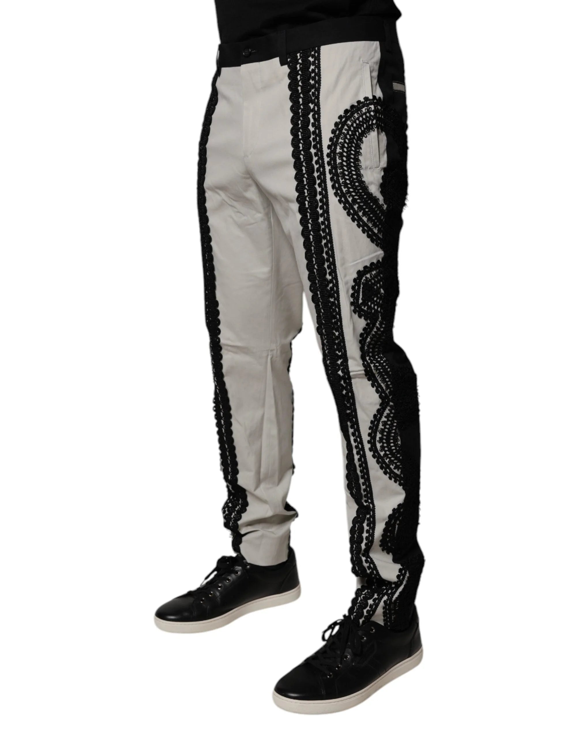 Dolce & Gabbana White Lace Trim Mid Waist Dress Formal Pants - IT50 | L - Trousers