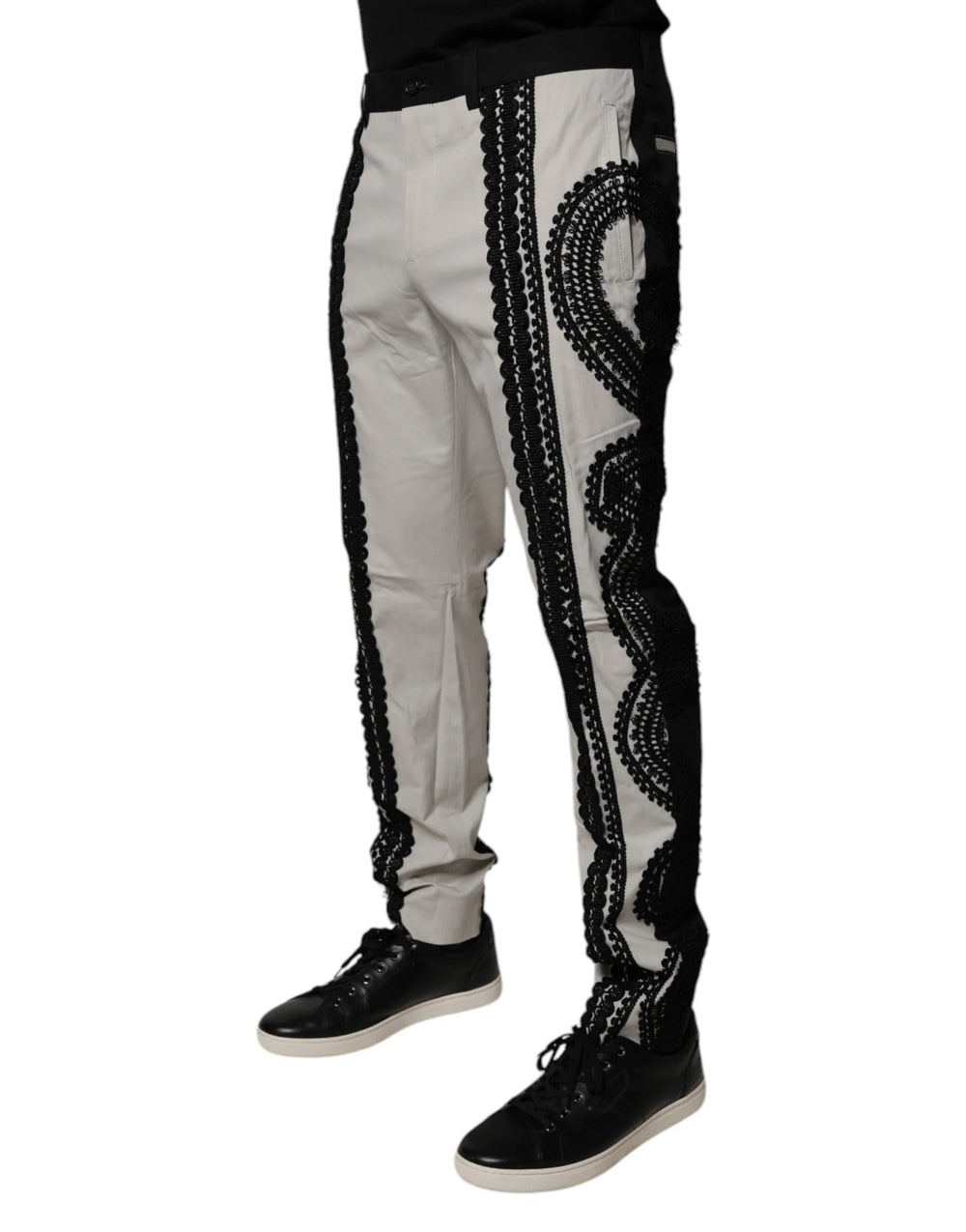 Dolce & Gabbana White Lace Trim Mid Waist Dress Formal Pants - IT50 | L - Trousers